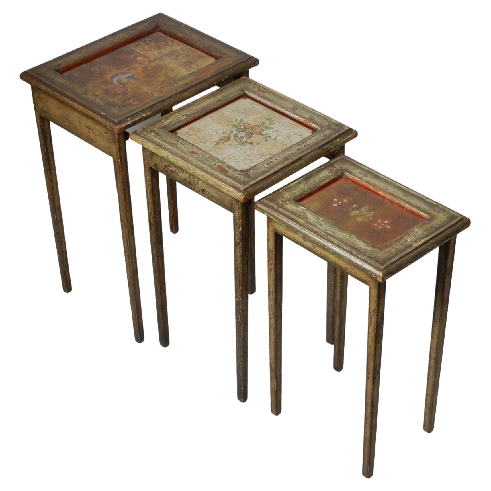 1940's Reverse Painted Glass and Wood Nesting Table Set For Sale 6
