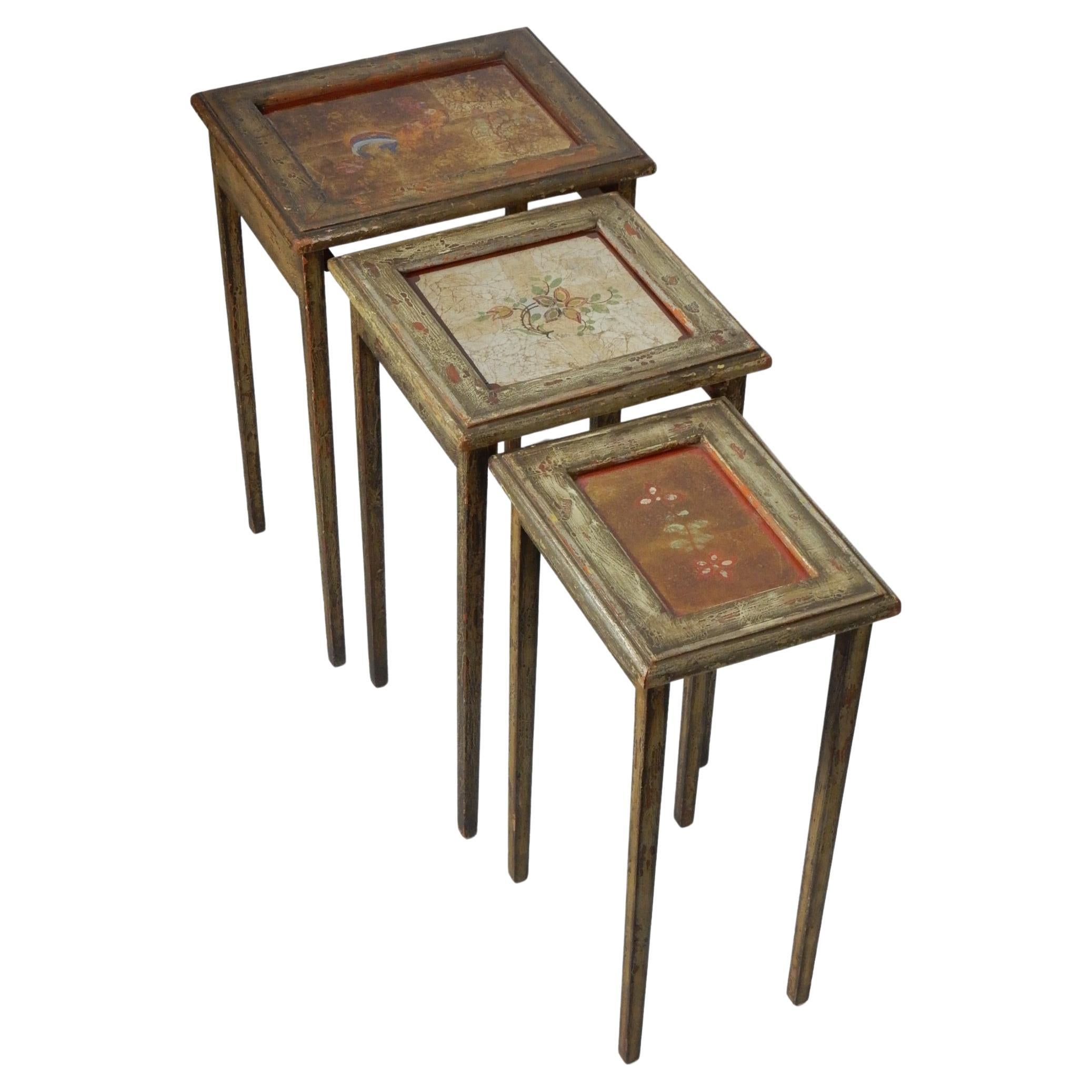 1940's Reverse Painted Glass and Wood Nesting Table Set For Sale