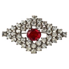 1940s Rhinestone and Red Gemstone Diamond-Shape Brooch