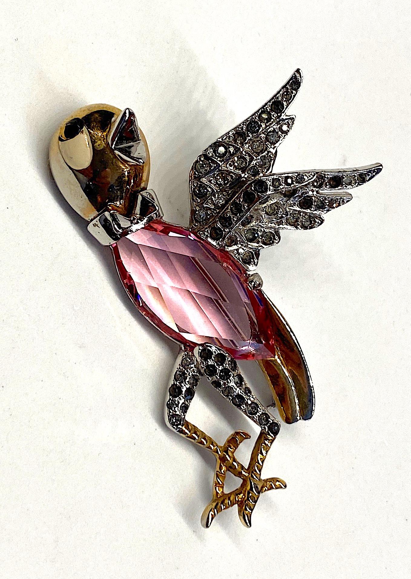 Women's or Men's 1940s Rhodium and Rhinstone Art Ddeco Bird Pin