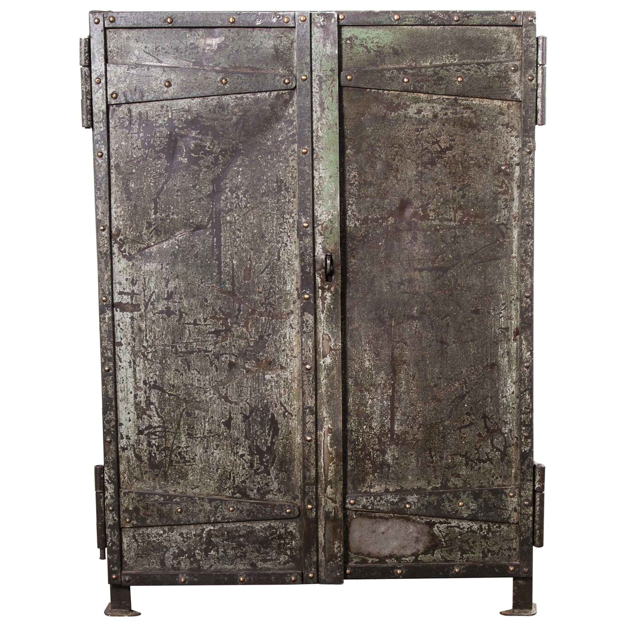 1940s Riveted Industrial Metal Storage Cabinet, Cupboard