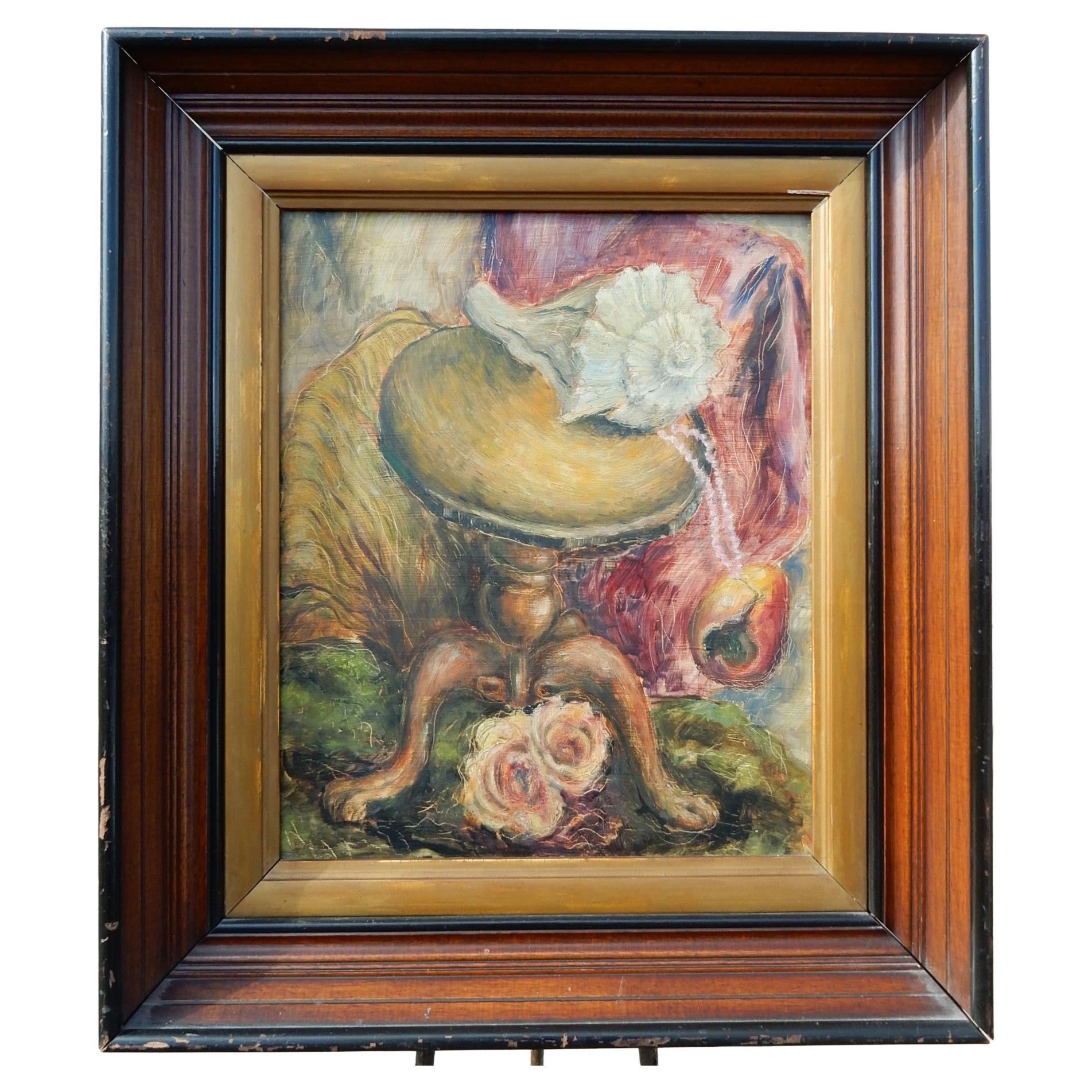 Una obra temprana del artista Robert Knipschild (1927-2004), fechada en 1943.
Pintura surrealista de bodegón con líneas de scrafitto sobre cartón albañil.
En su marco original.
Inscripción al dorso Para Helen y Joe, pintado por Robert Knipschild,