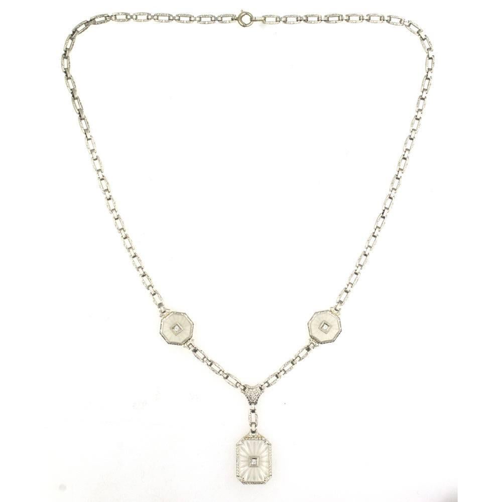 Art Deco 1940s Carved Rock Crystal Diamond Drop White Gold Link Necklace