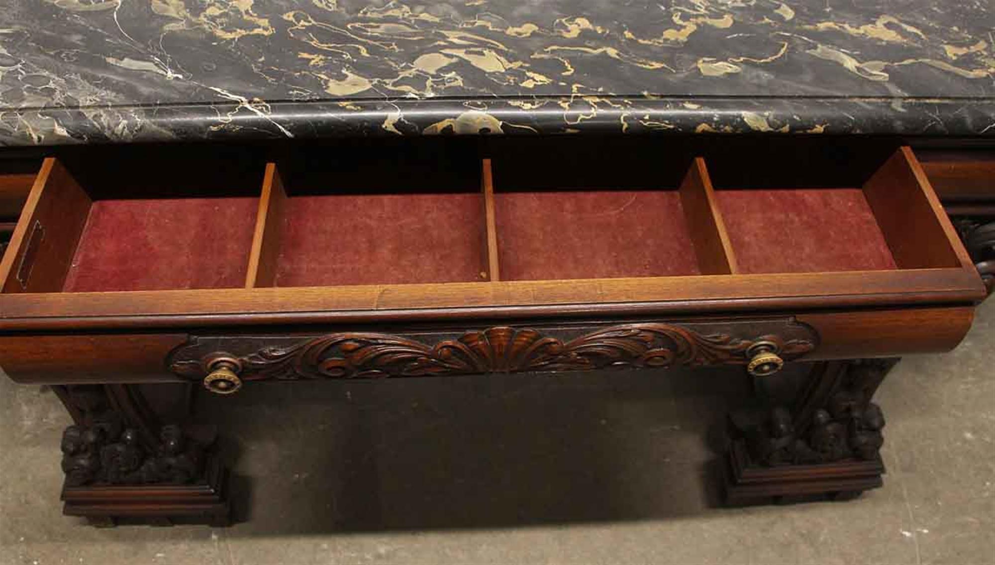 American 1940s Rococo Carved Wood Entry Table with Black Marble Top