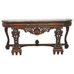 Vintage 1940s Rococo Carved Wood Entry Table with Black Marble Top