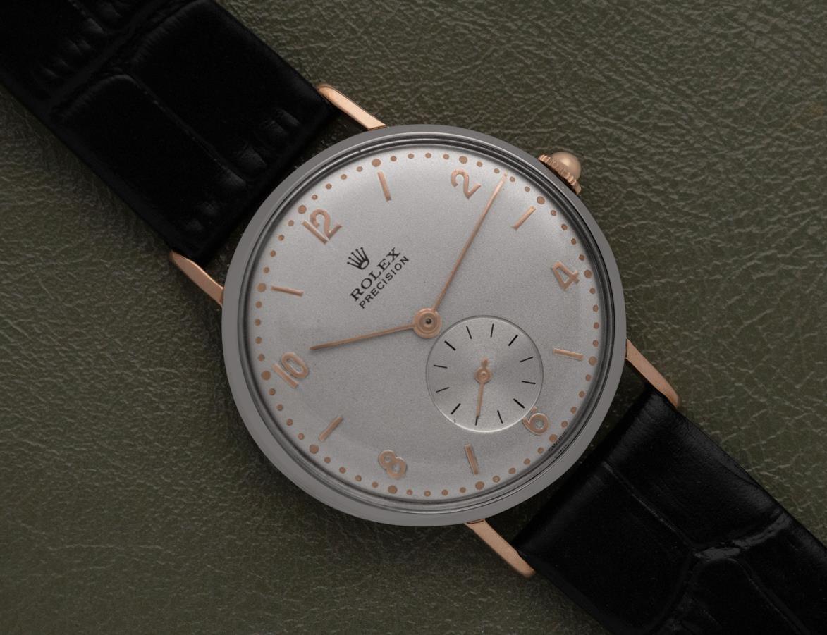1940's ROLEX PRECISION Vintage Mens Rare Ref. 3923 18K Rose Gold & SS For Sale 6