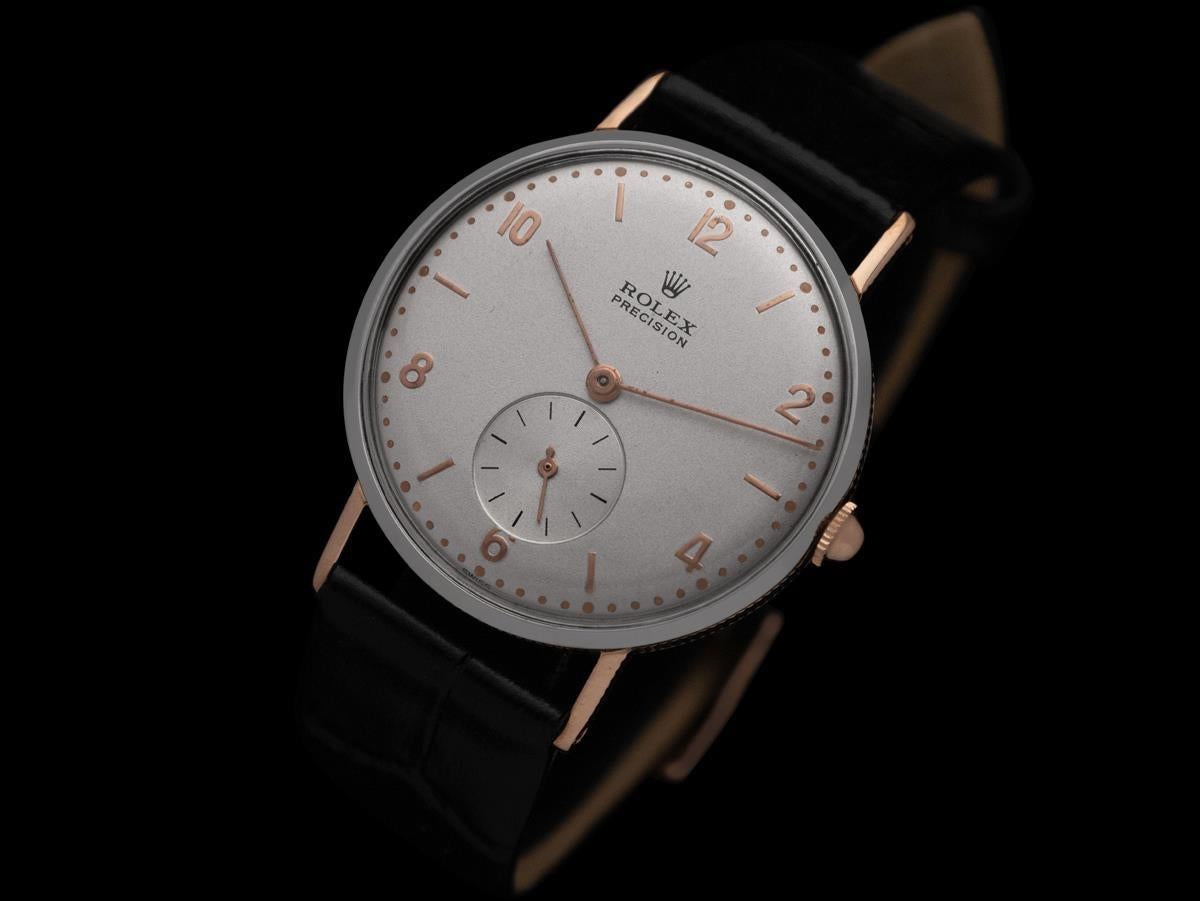 1940's ROLEX PRECISION Vintage Mens Rare Ref. 3923 18K Rose Gold & SS In Good Condition For Sale In Suwanee, GA