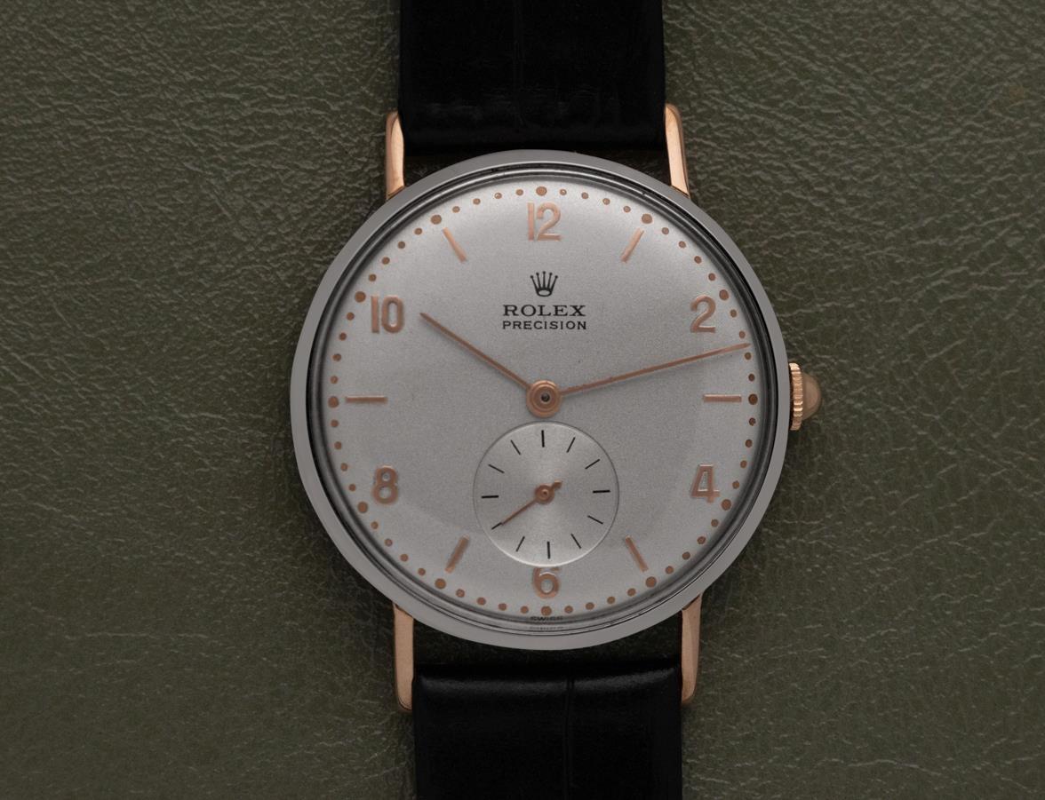 1940's ROLEX PRECISION Vintage Mens Rare Ref. 3923 18K Rose Gold & SS For Sale 5