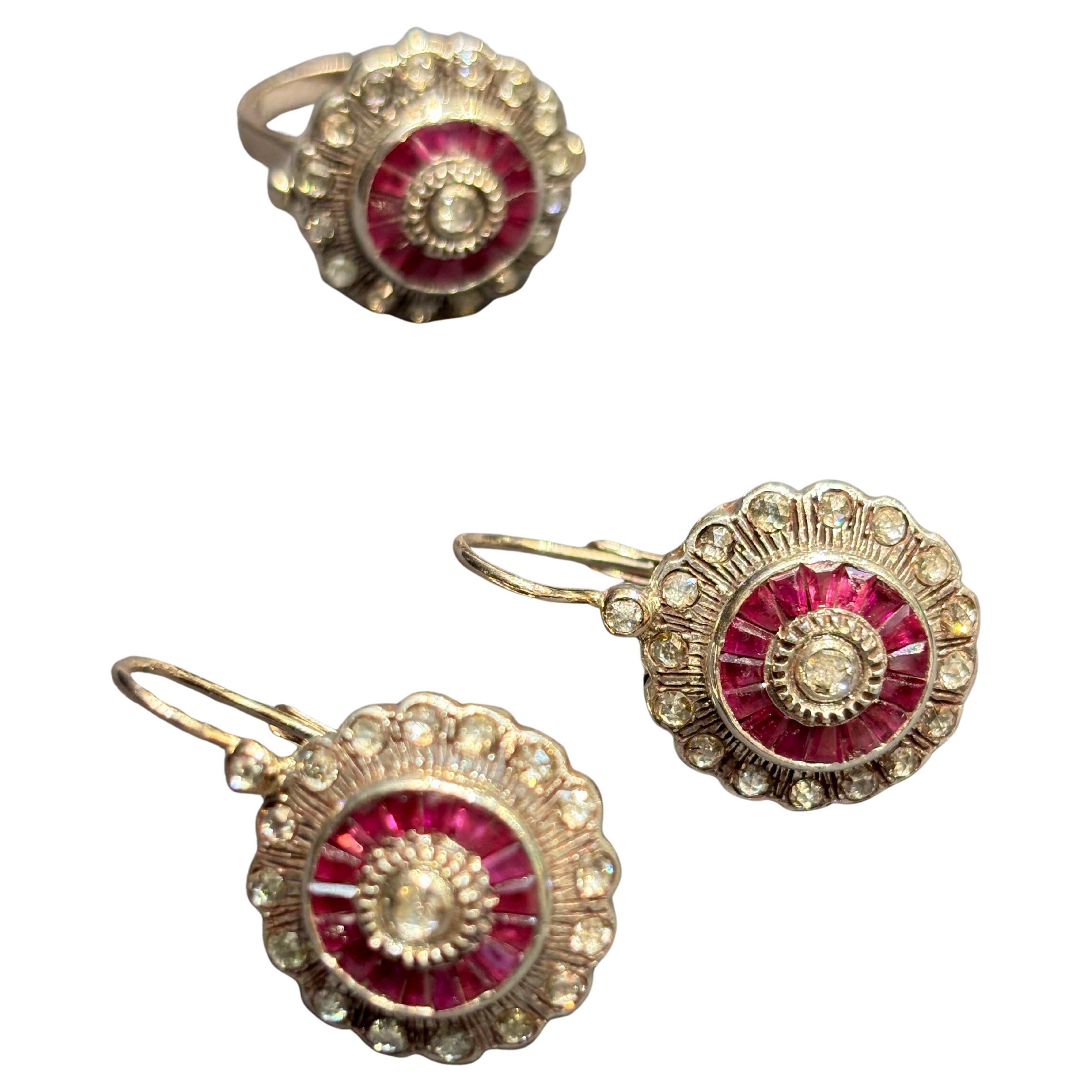 1940s rose cut diamond and ruby ring and earring set For Sale