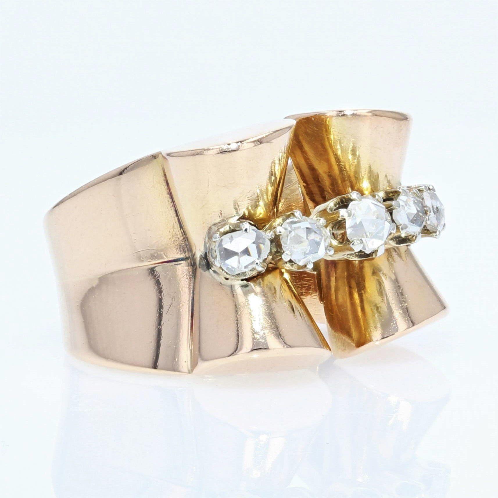 1940s Rose-Cut Diamonds 18 Karat Rose Gold Tank Ring For Sale 5