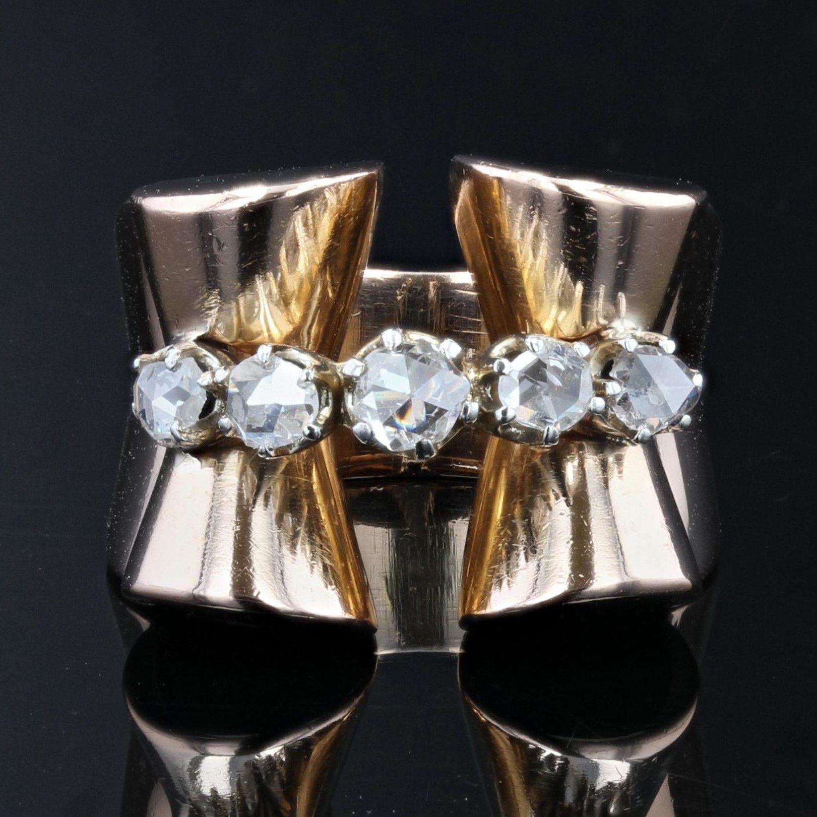Tank-Ring aus 18 Karat Roségold mit Diamanten im Rosenschliff, 1940er Jahre (Retro) im Angebot