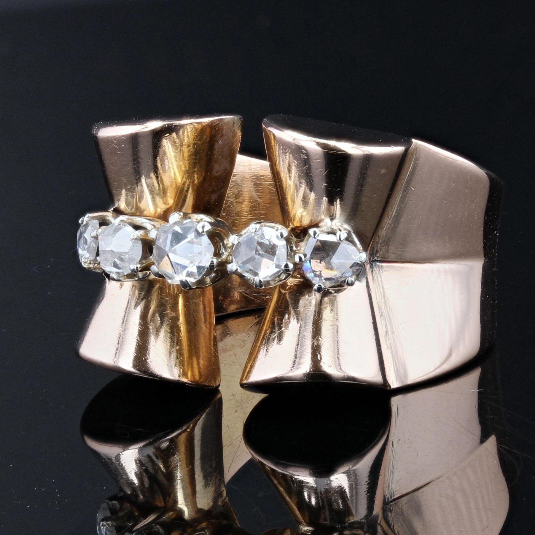 1940s Rose-Cut Diamonds 18 Karat Rose Gold Tank Ring In Good Condition For Sale In Poitiers, FR
