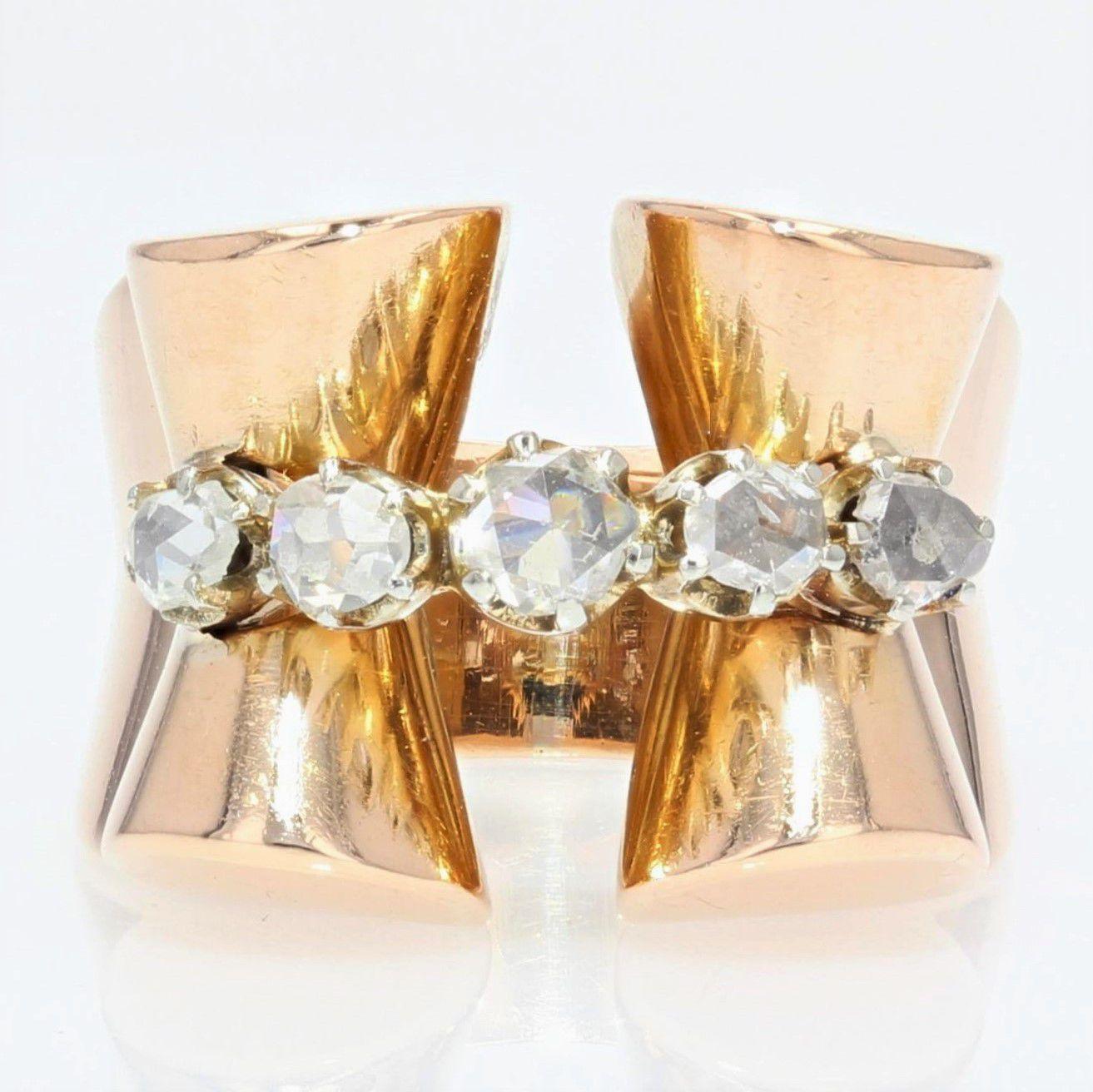 1940s Rose-Cut Diamonds 18 Karat Rose Gold Tank Ring For Sale 2