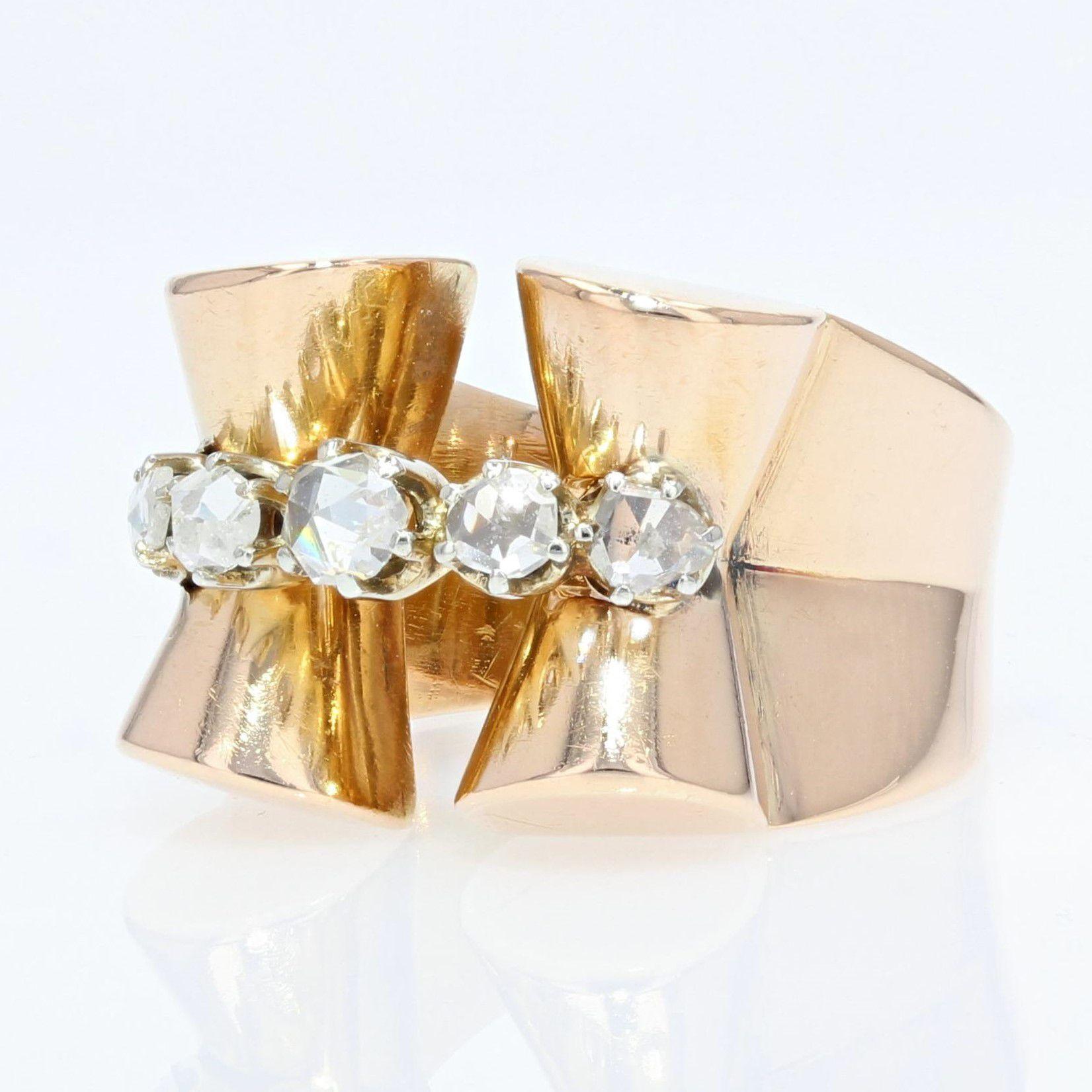 1940s Rose-Cut Diamonds 18 Karat Rose Gold Tank Ring For Sale 3