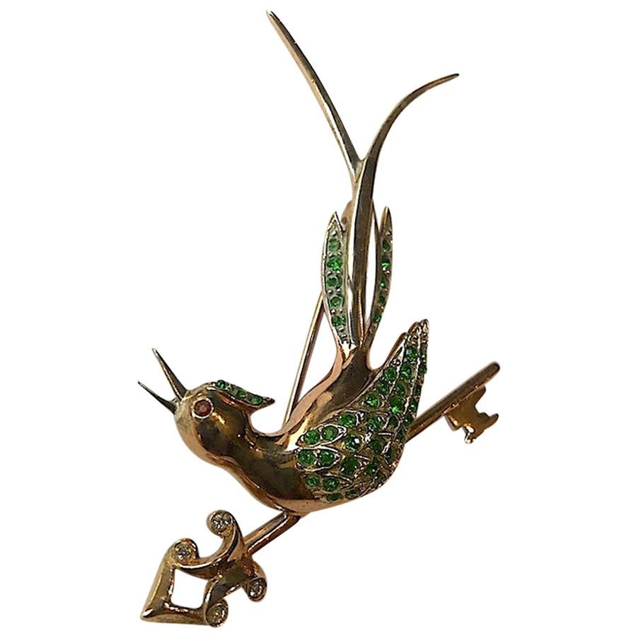 1940s Rose gold & Sterling Bird Singing "On Key" Figural Brooch