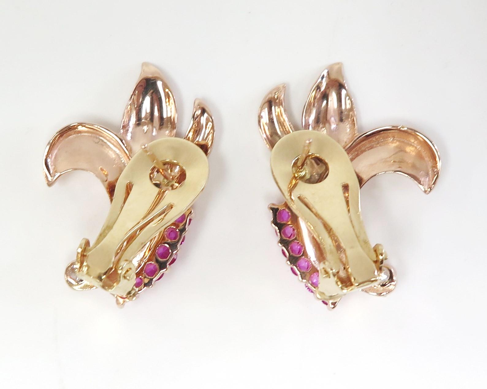 Old Mine Cut 1940s Rose Gold Synthetic Ruby Omega Back Earrings with Two Diamonds, 14 Karat For Sale