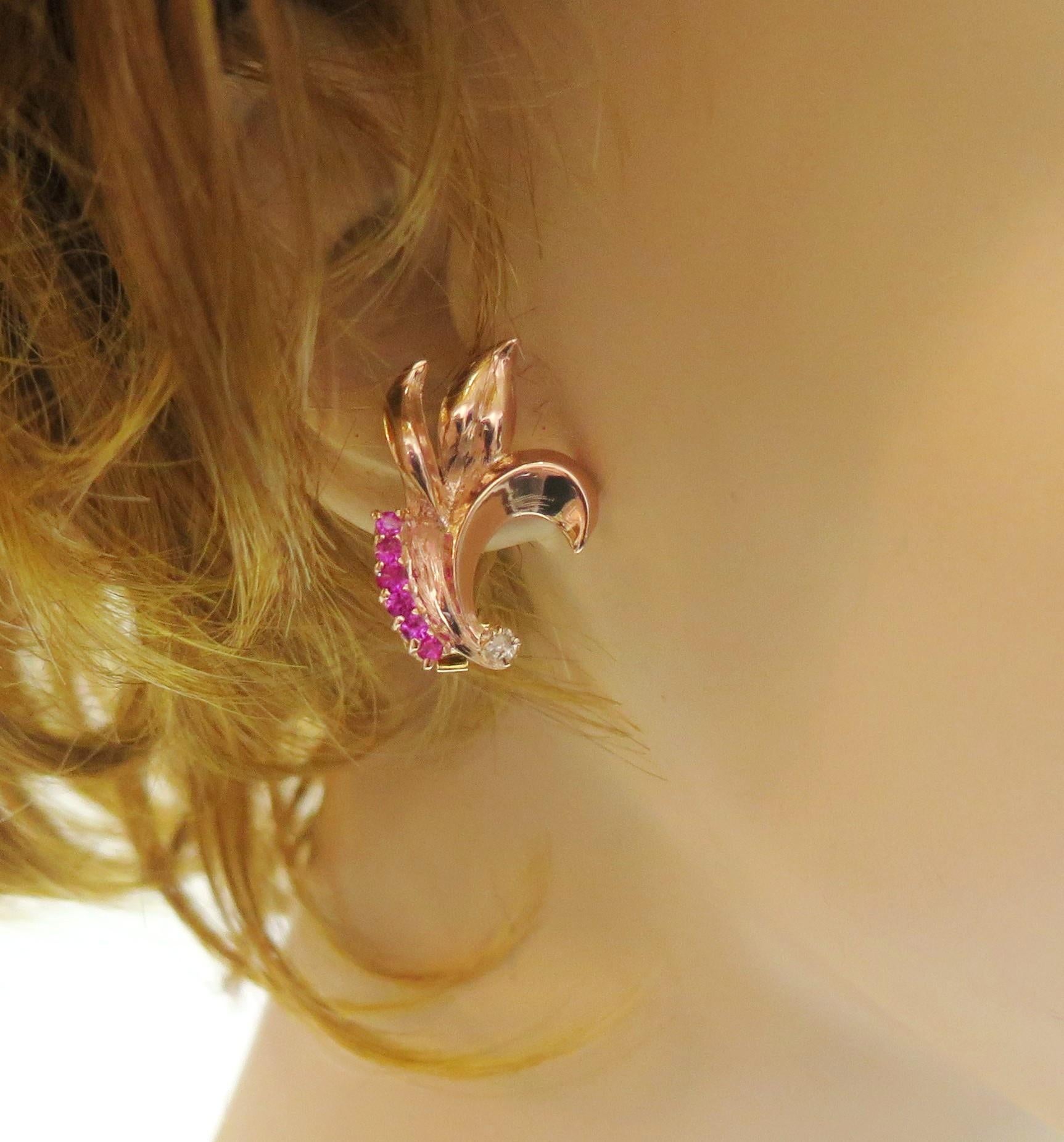 1940s Rose Gold Synthetic Ruby Omega Back Earrings with Two Diamonds, 14 Karat In Excellent Condition For Sale In Bellmore, NY