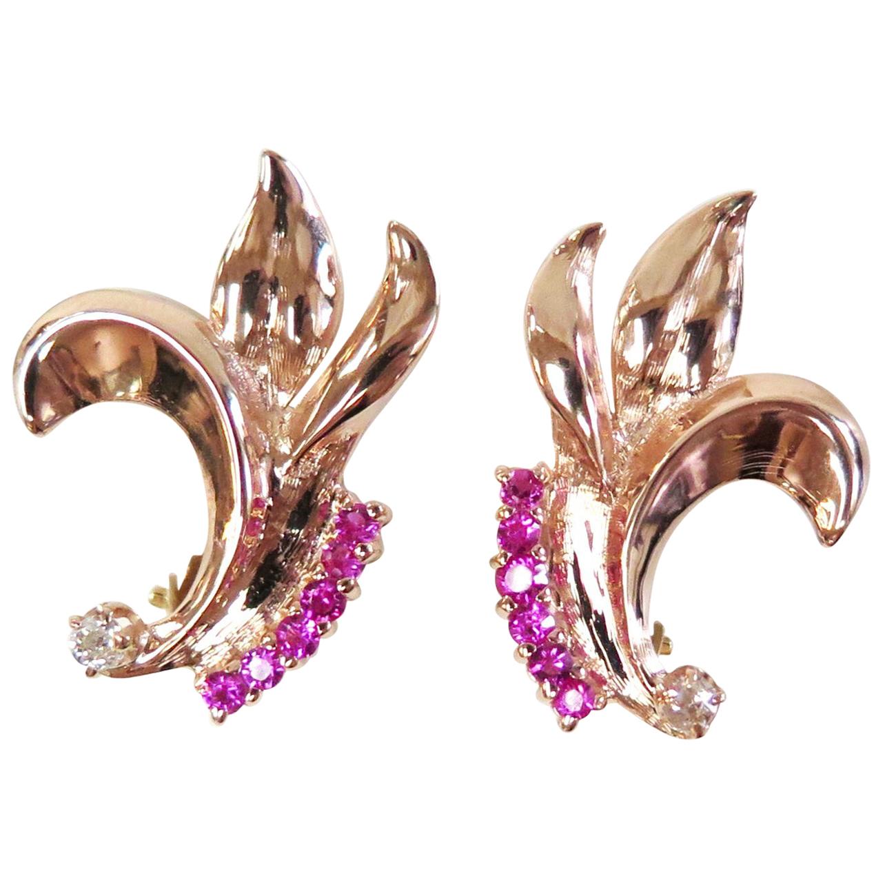 1940s Rose Gold Synthetic Ruby Omega Back Earrings with Two Diamonds, 14 Karat For Sale