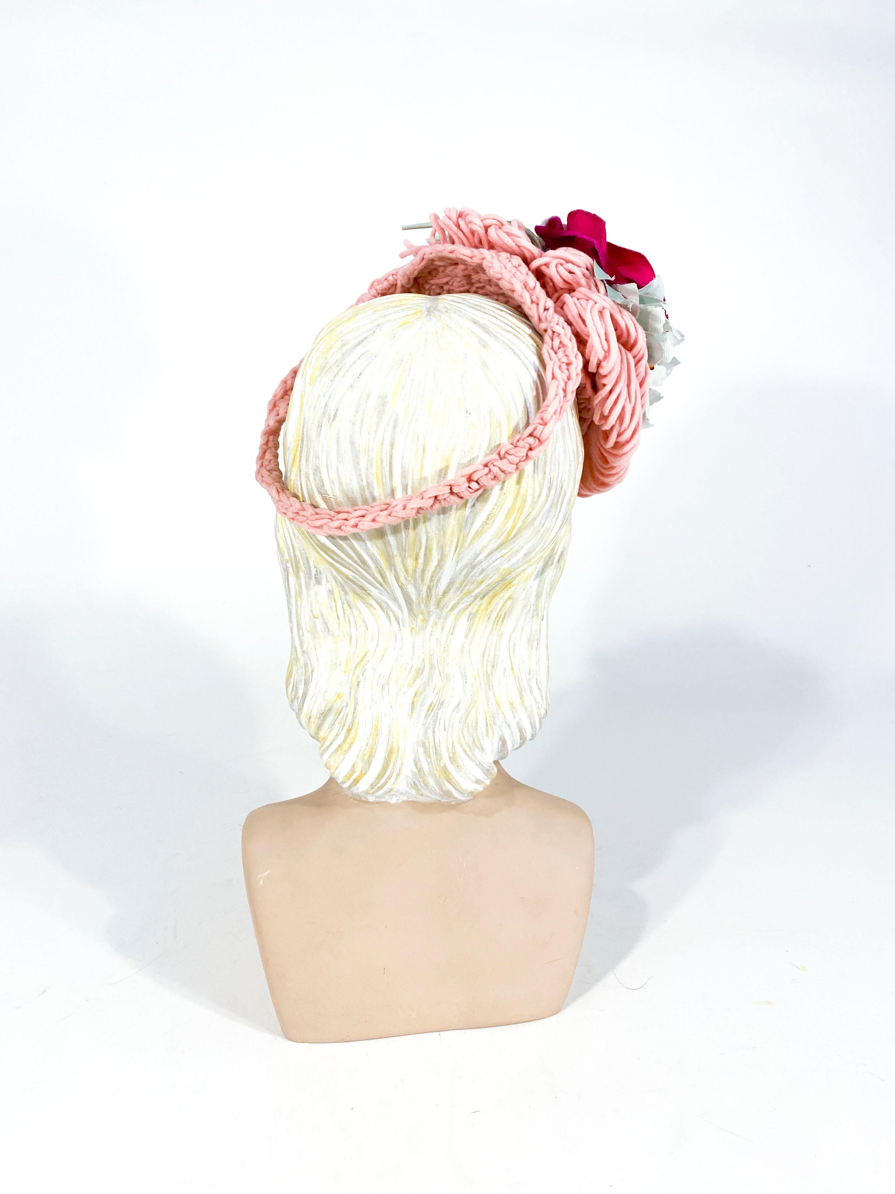Gray 1940's Rose Pink Crochet Wool Cocktail Hat