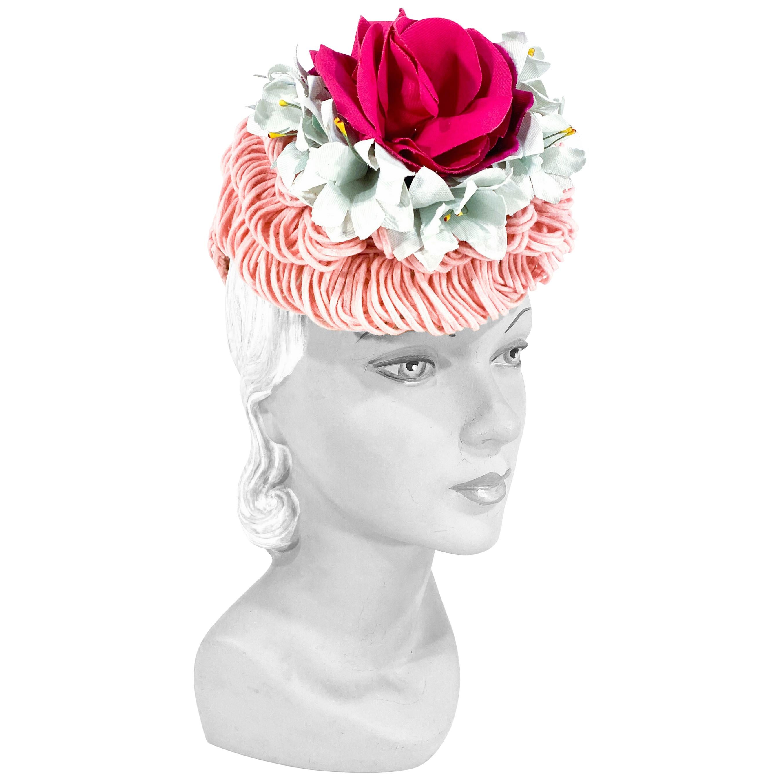 1940's Rose Pink Crochet Wool Cocktail Hat