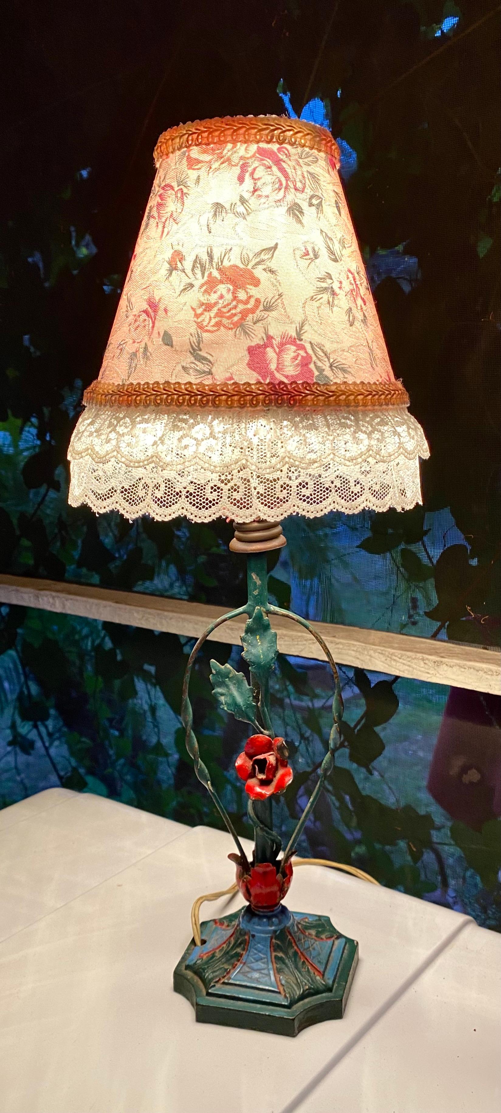 1940’s Rose Tole Lamp with Lace Trimmed Floral Shade 6