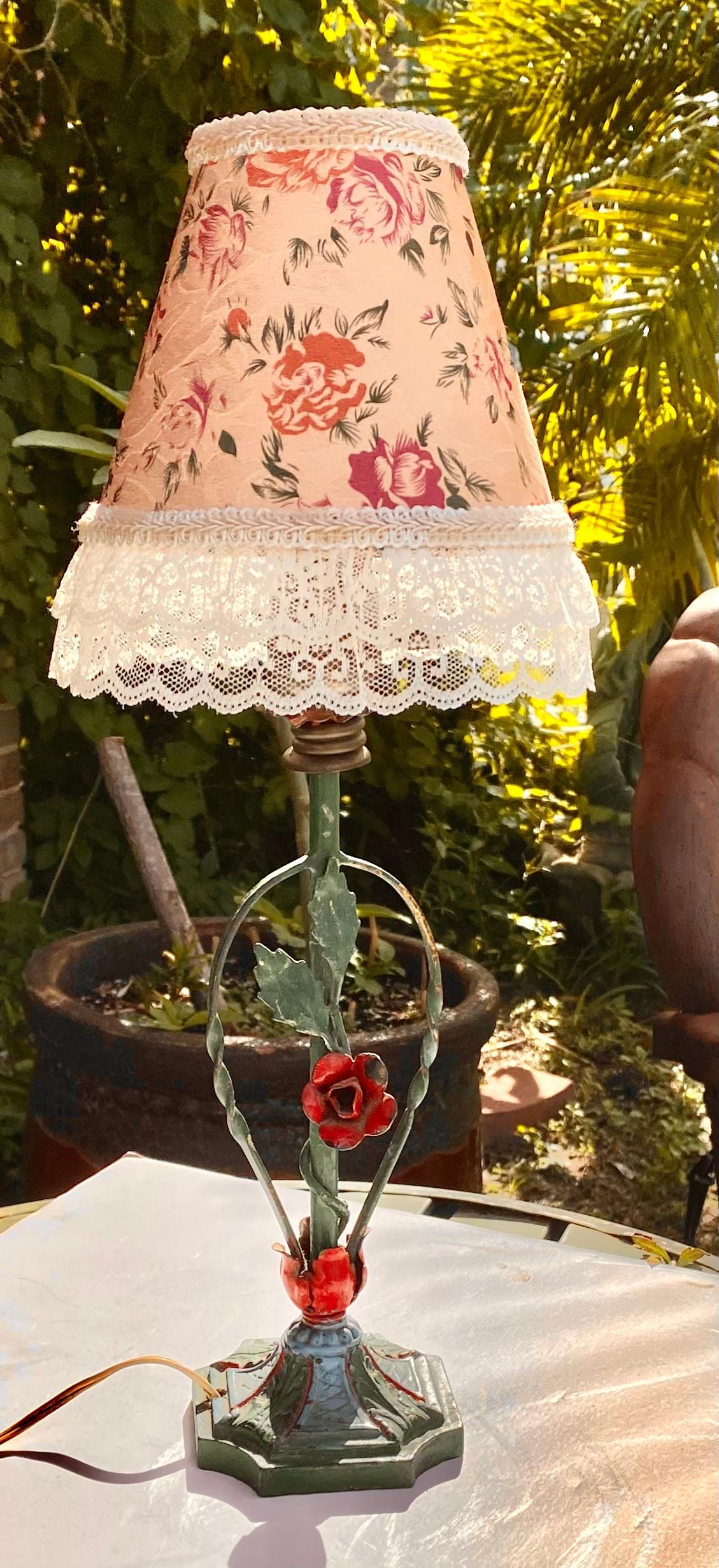 Romantic 1940’s Rose Tole Lamp with Lace Trimmed Floral Shade