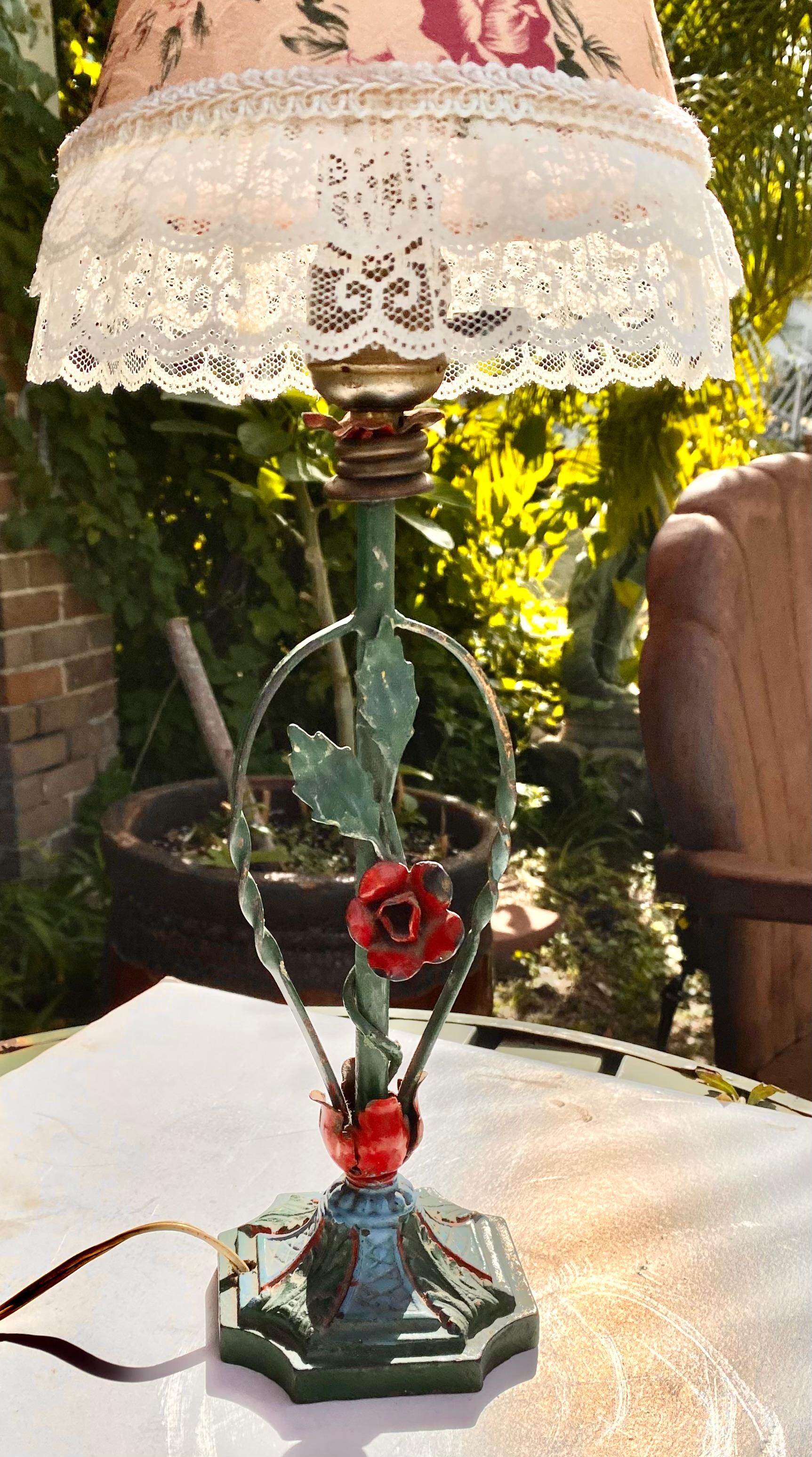 American 1940’s Rose Tole Lamp with Lace Trimmed Floral Shade
