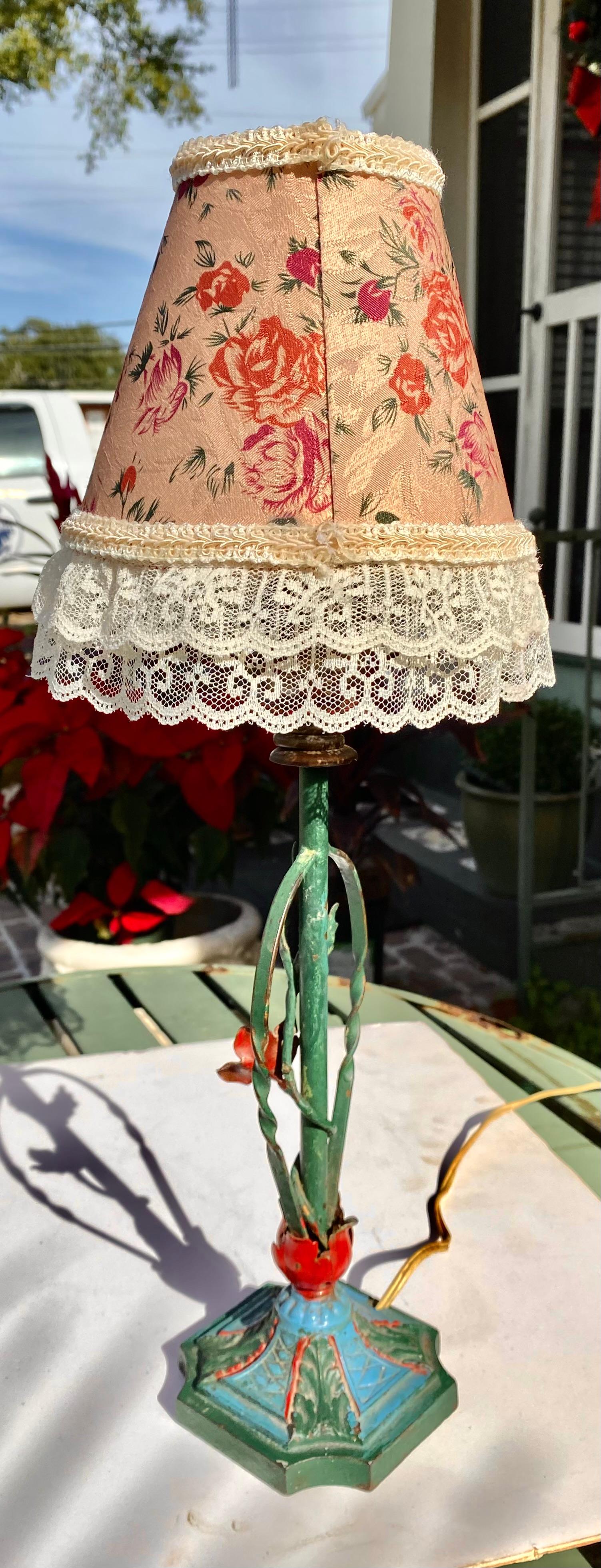 Embossed 1940’s Rose Tole Lamp with Lace Trimmed Floral Shade