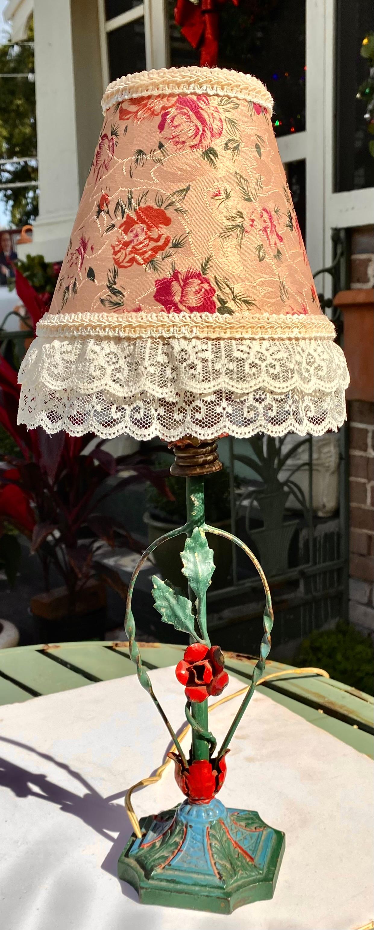 Mid-20th Century 1940’s Rose Tole Lamp with Lace Trimmed Floral Shade