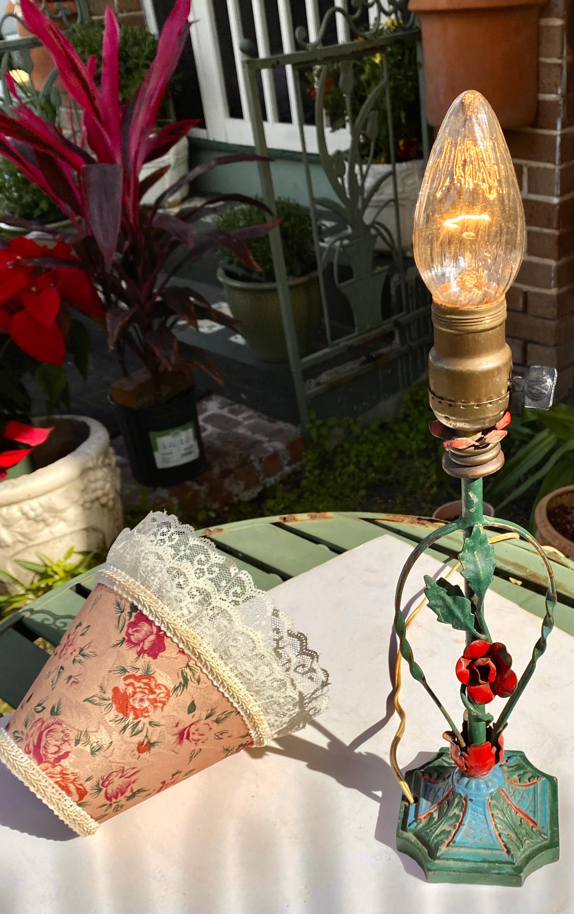 Metal 1940’s Rose Tole Lamp with Lace Trimmed Floral Shade