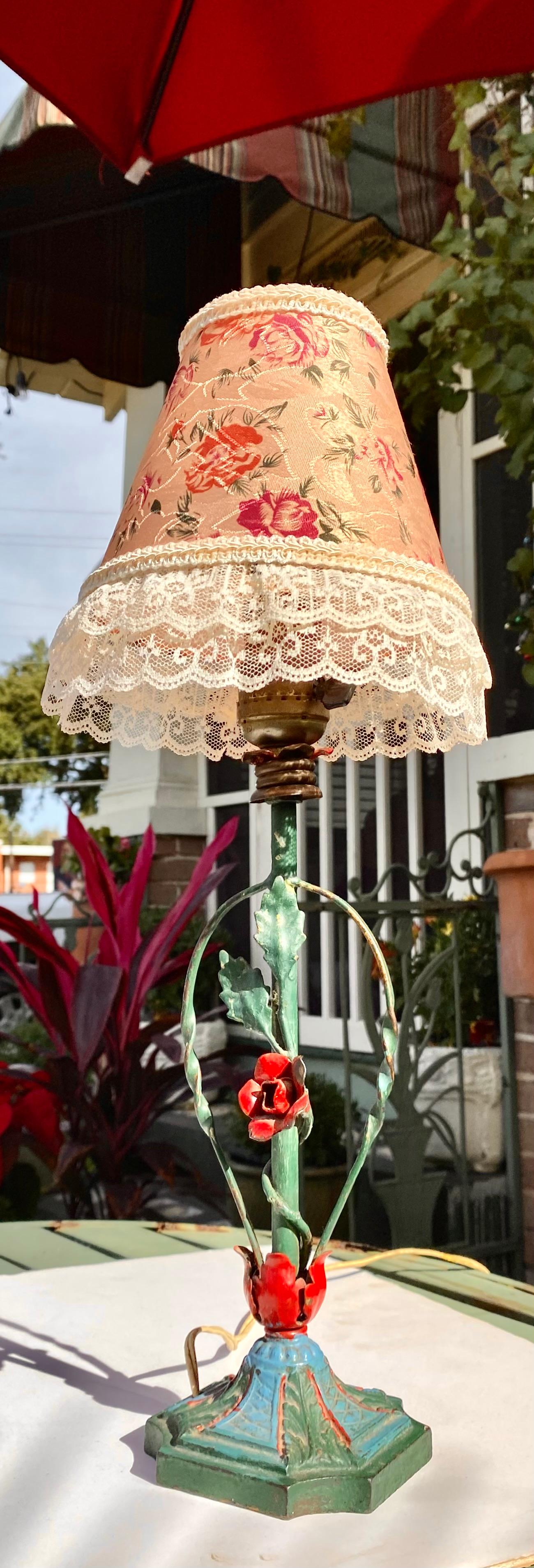 1940’s Rose Tole Lamp with Lace Trimmed Floral Shade 1