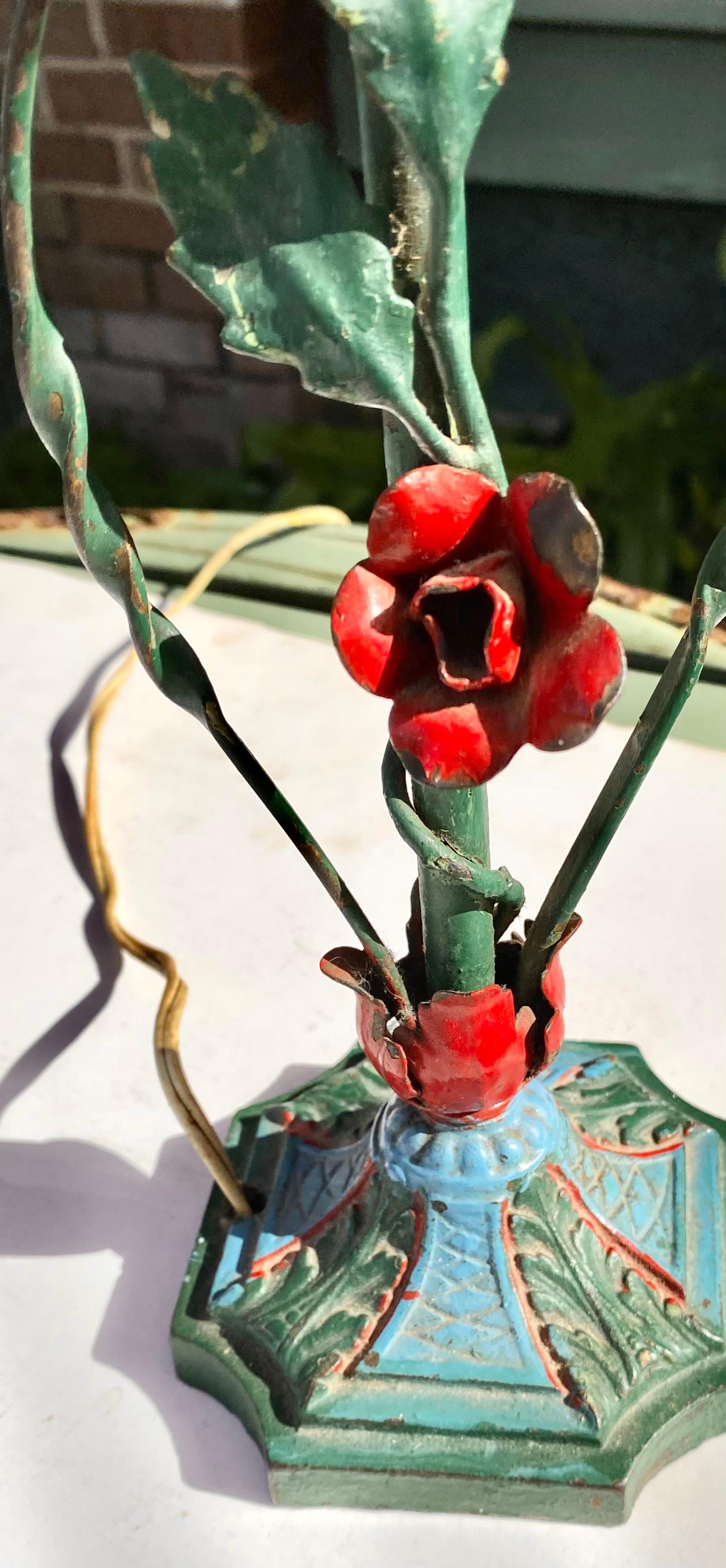 1940’s Rose Tole Lamp with Lace Trimmed Floral Shade 2
