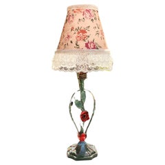 1940’s Rose Tole Lamp with Lace Trimmed Floral Shade