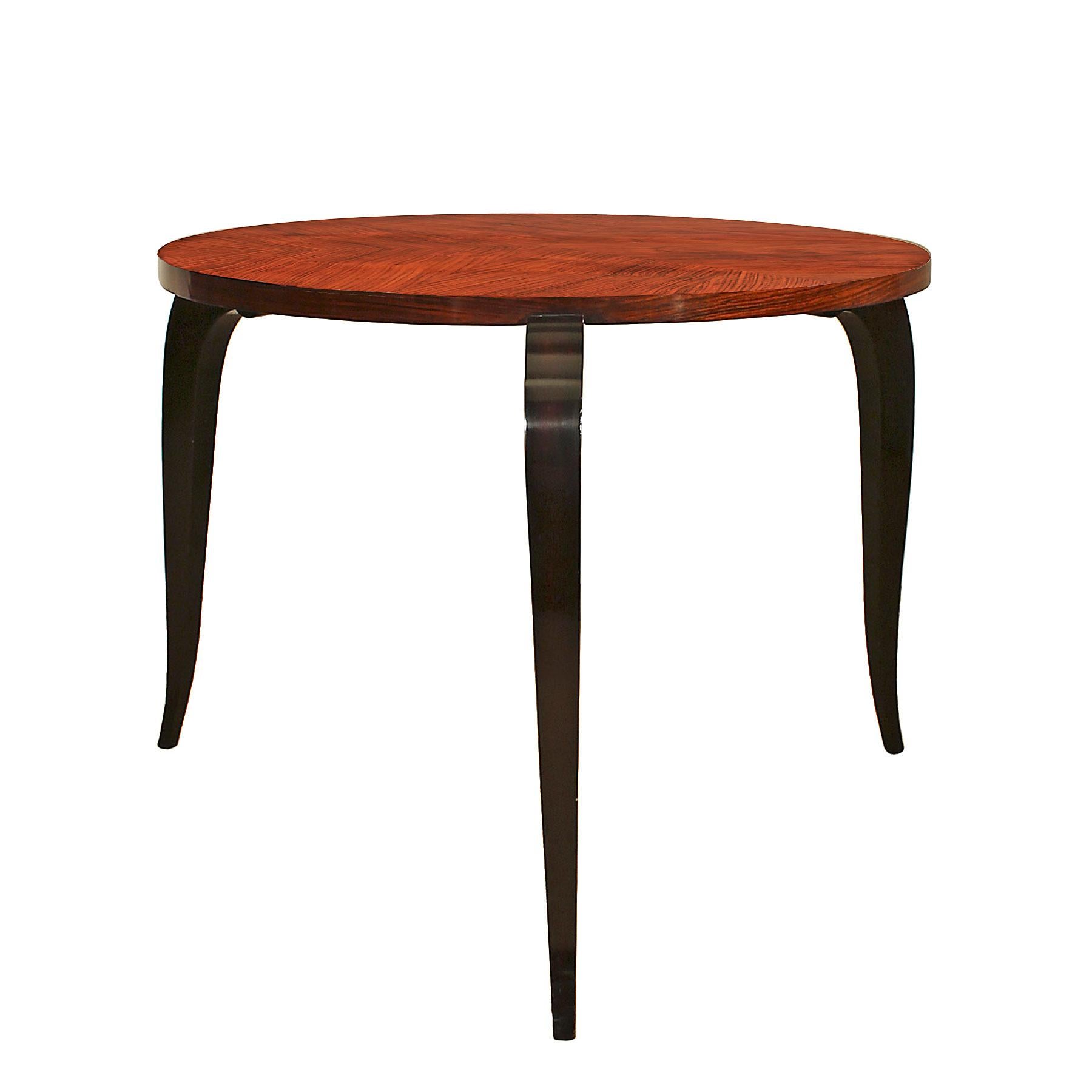 French Mid-Century Modern Round and Tripod Sidetable, Zebra Wood, Walnut - France For Sale