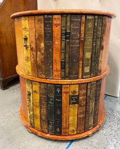 1940s Round Leather Library or Side Table with Faux Book Doors