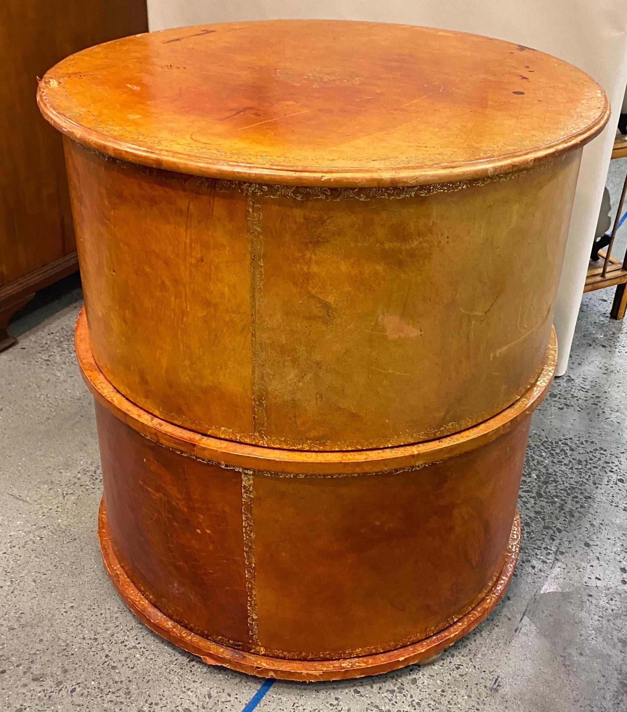 1940s Round Leather Library or Side Table with Faux Book Doors In Good Condition In Charleston, SC