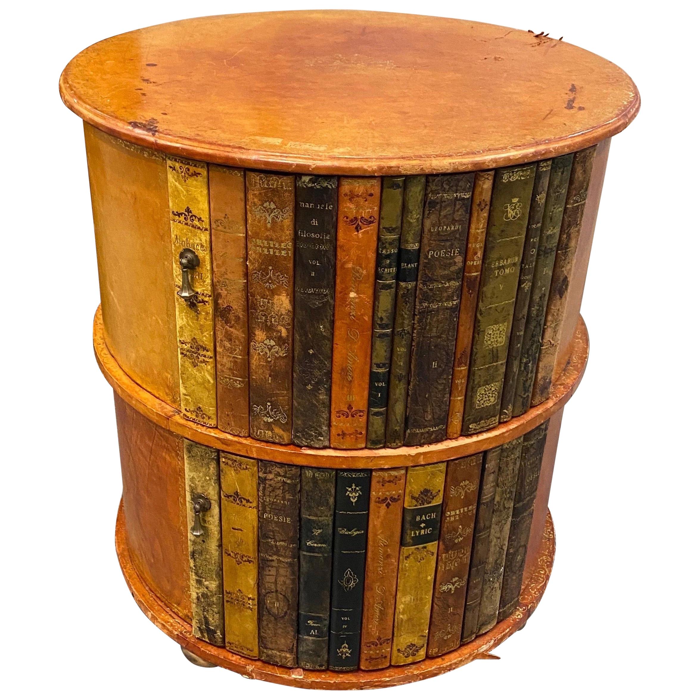 1940s Round Leather Library or Side Table with Faux Book Doors