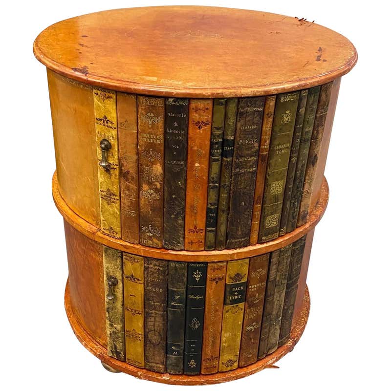 1940s Round Leather Library or Side Table with Faux Book Doors at 1stDibs