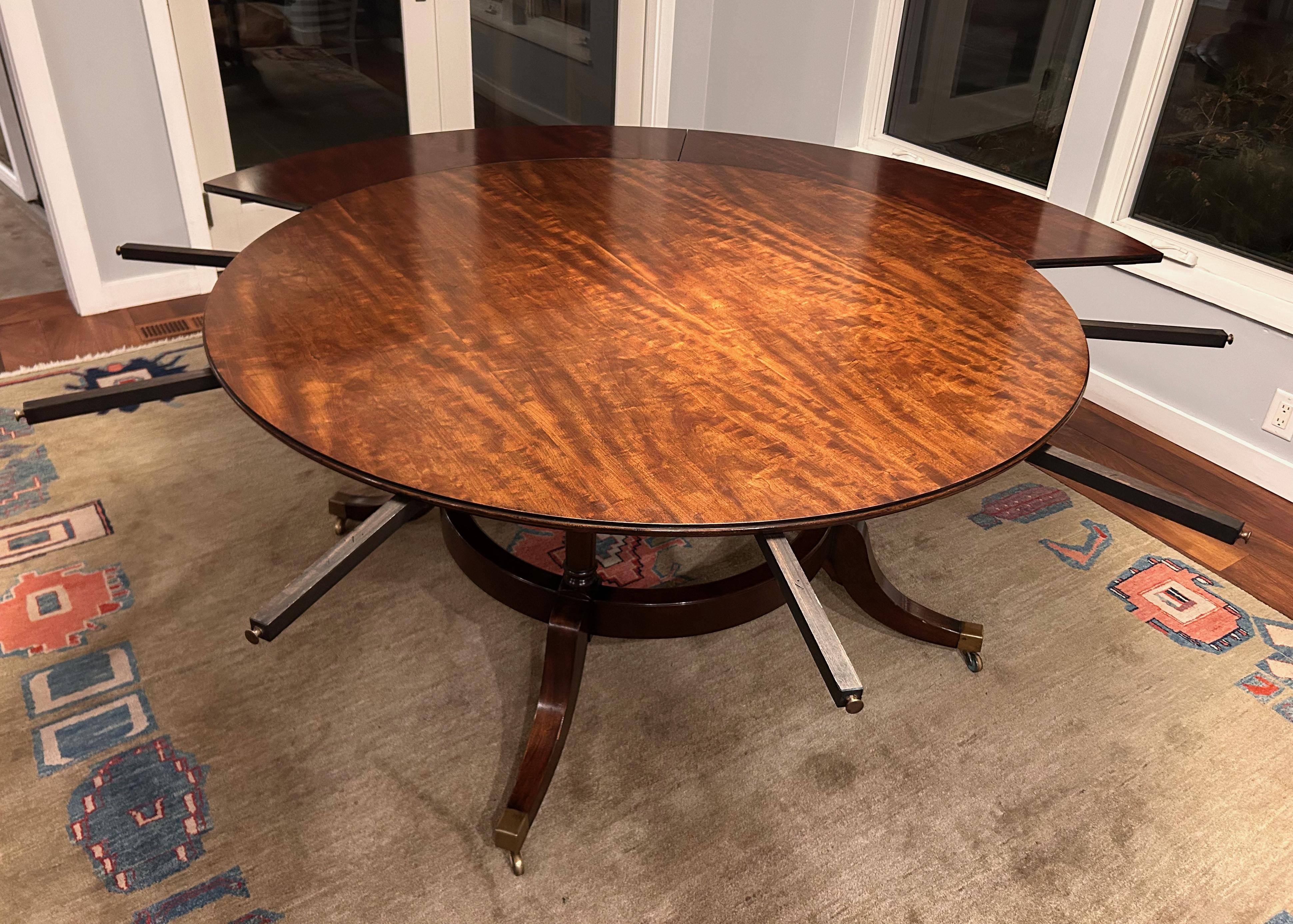 1940's Round Mahogany Veneer Dining Table with Crescent Leaves and Leaf Cabinet For Sale 2