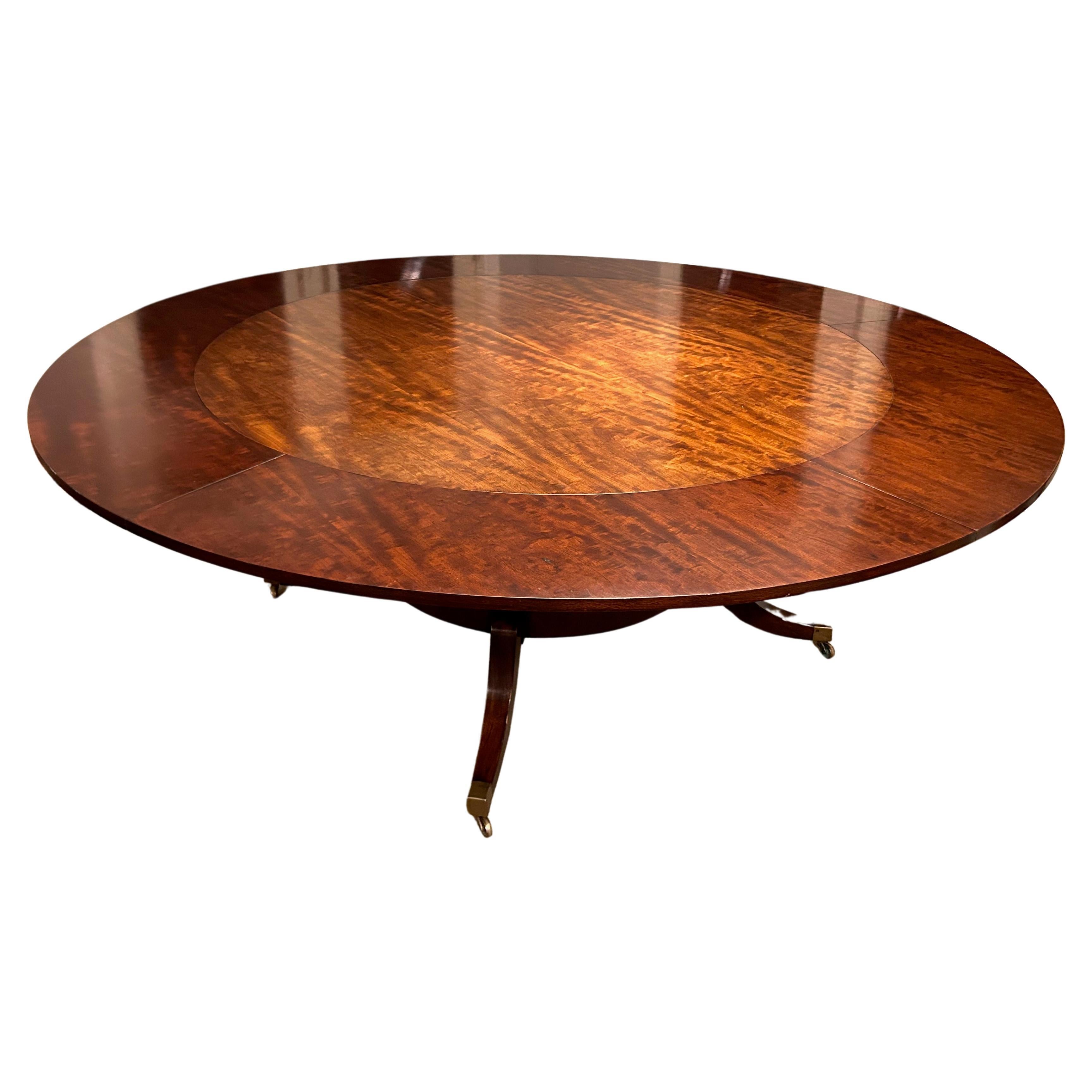 1940's Round Mahogany Veneer Dining Table with Crescent Leaves and Leaf Cabinet