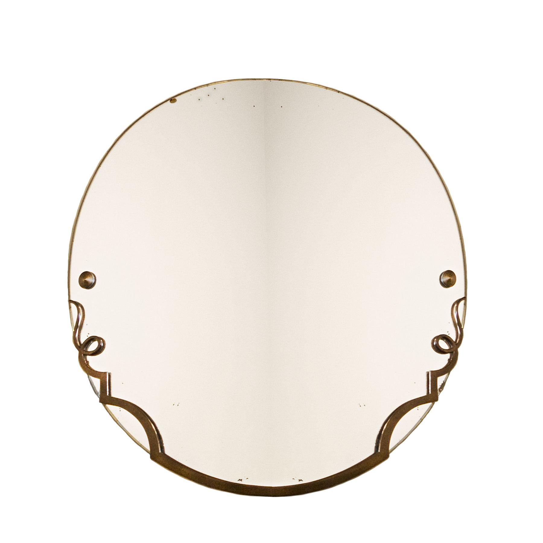 Mid-Century Modern 1940s Round Mirror, Wood and Patinated Bronze Half Frame, France