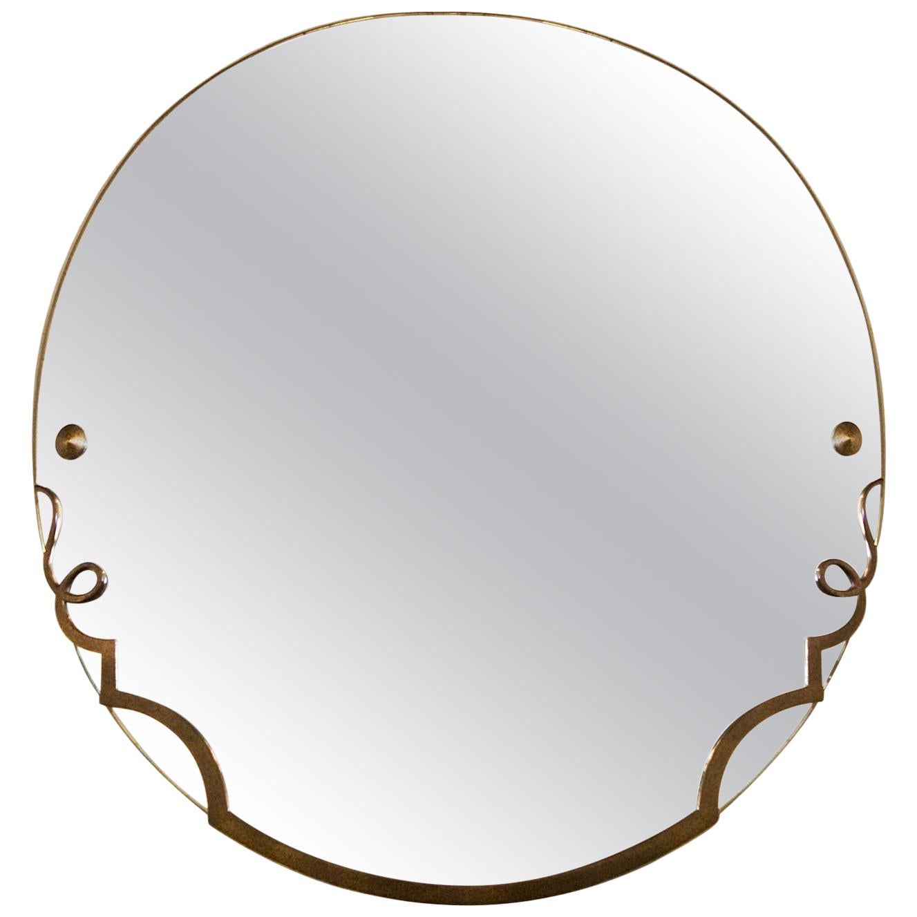 1940s Round Mirror, Wood and Patinated Bronze Half Frame, France