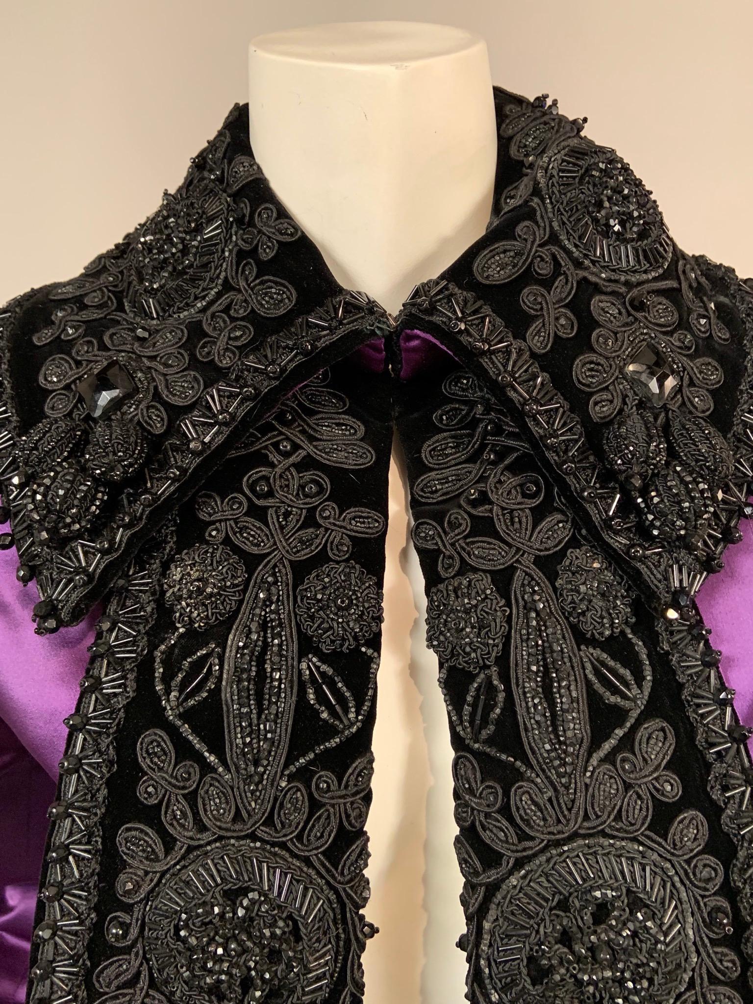1940's Royal Purple Satin Jacket Trimmed with Victorian Beadwork on Black Velvet In Excellent Condition In New Hope, PA