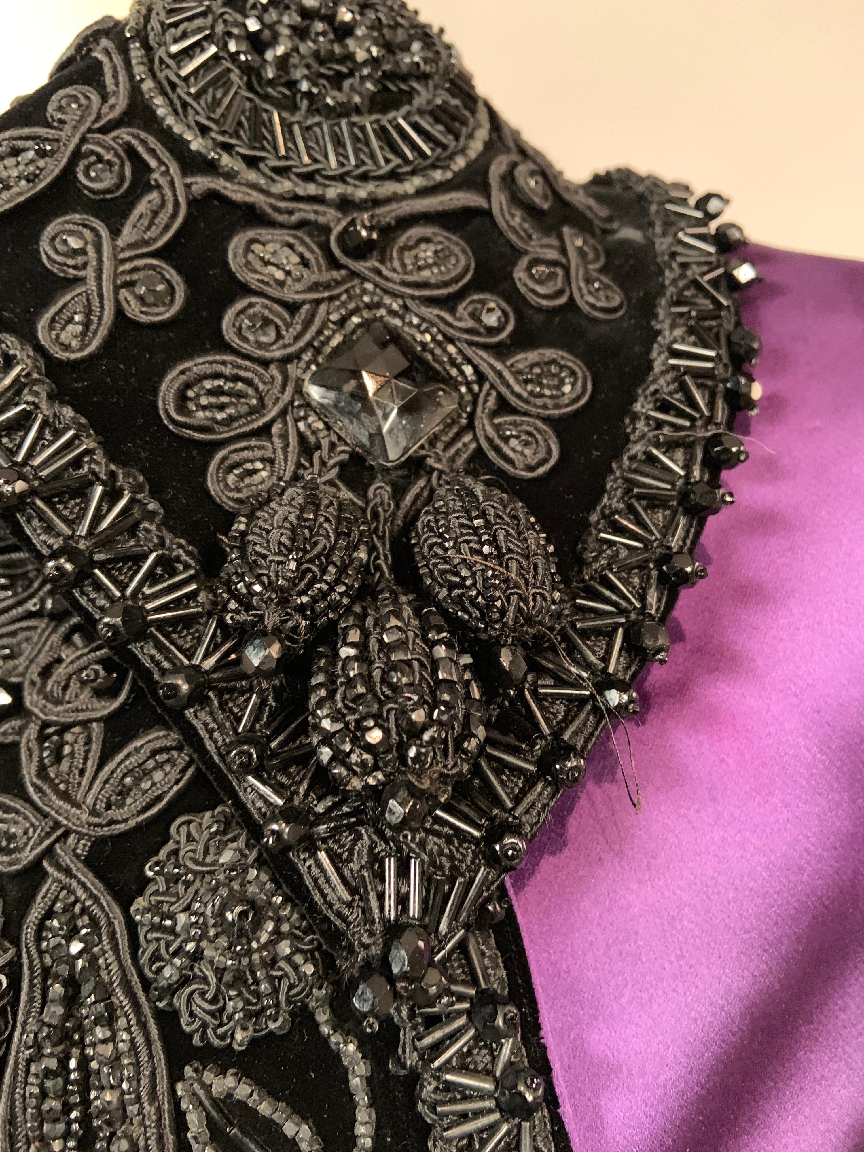 Women's 1940's Royal Purple Satin Jacket Trimmed with Victorian Beadwork on Black Velvet