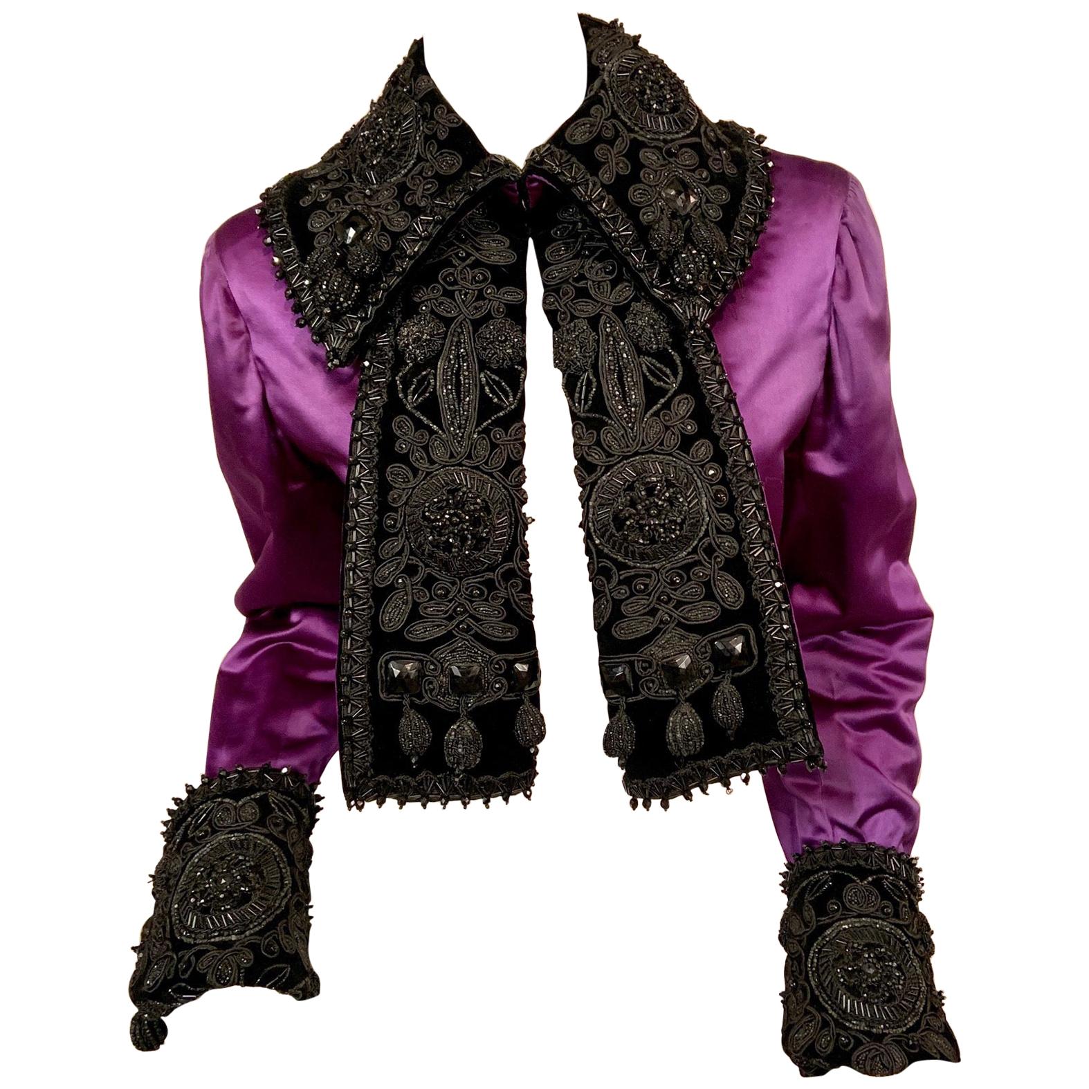 1940's Royal Purple Satin Jacket Trimmed with Victorian Beadwork on Black Velvet