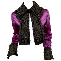 1940's Royal Purple Satin Jacket Trimmed with Victorian Beadwork on Black Velvet