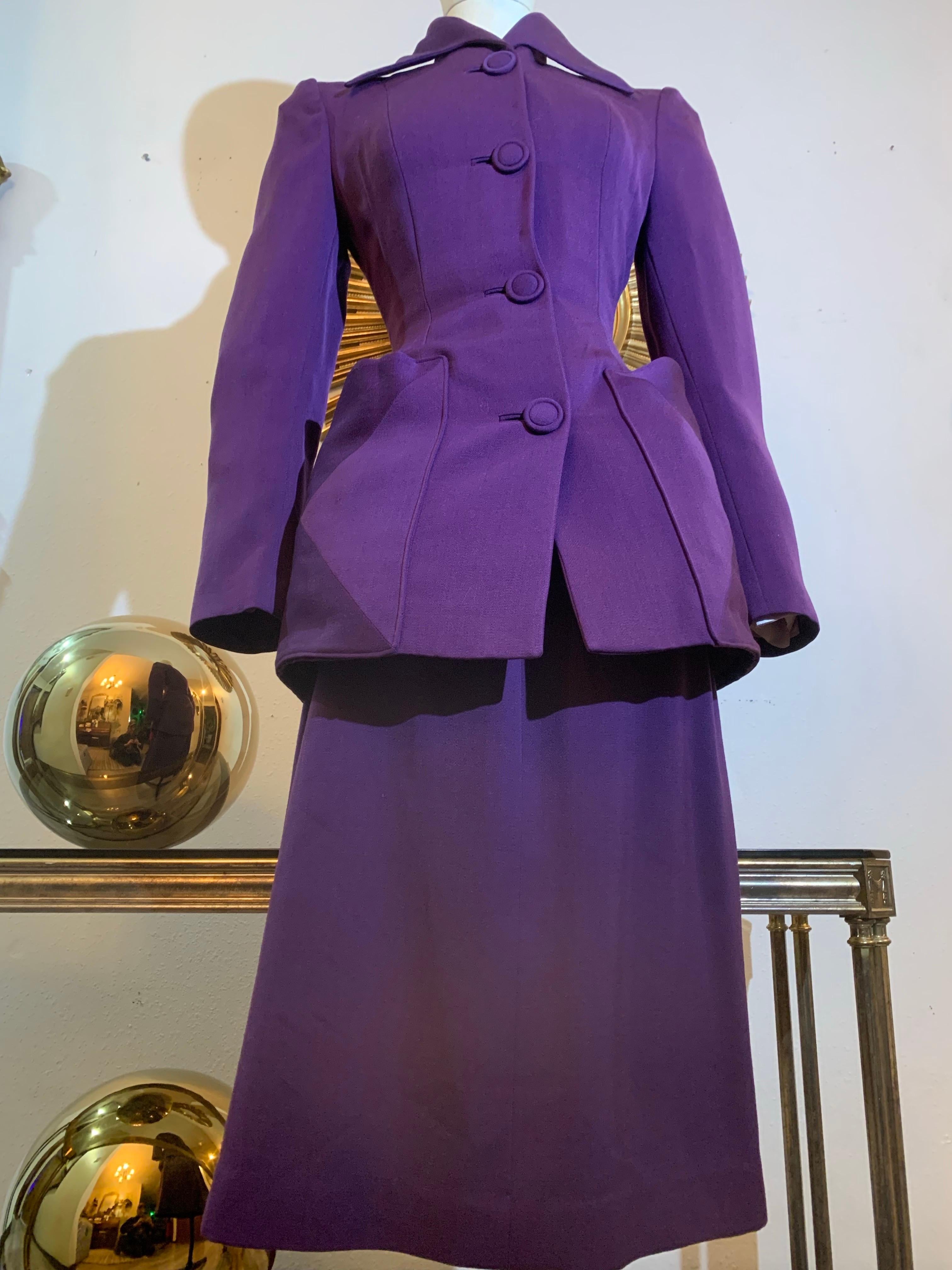 1940s Royal Purple Wool Gabardine Skirt Suit w Nipped Waist & Huge Pockets For Sale 1