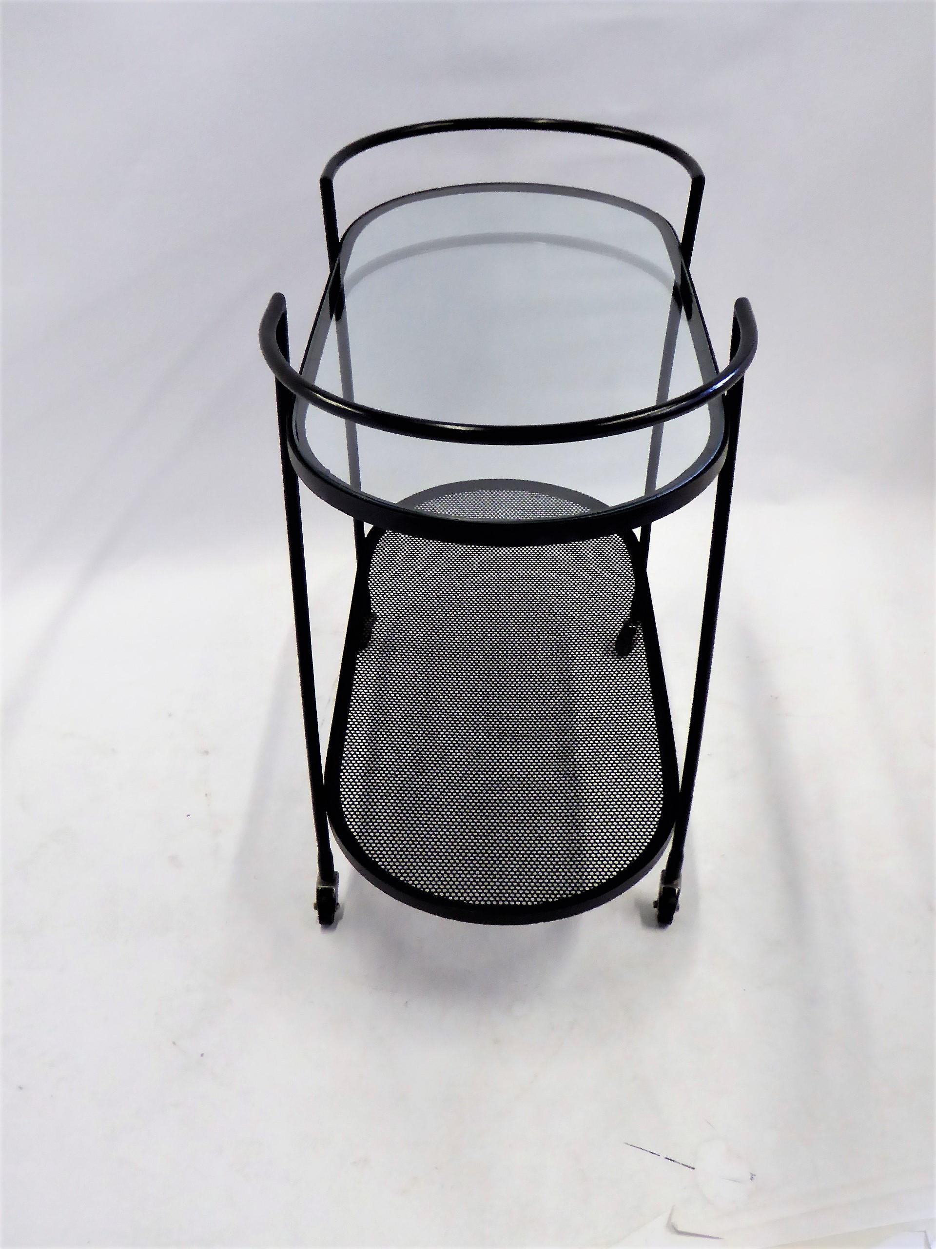 Glass 1940s Royere Mategot Style Wrought Iron Rolling Cart