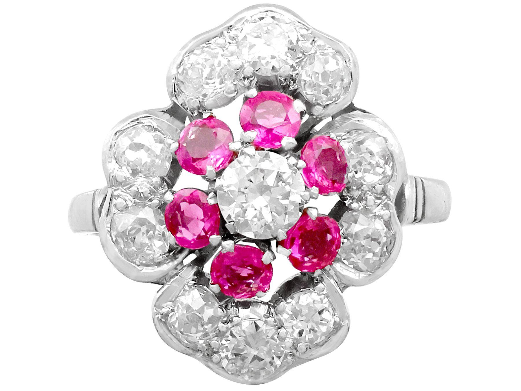 Round Cut Vintage 1940s Ruby and 1.63 Carat Diamond Platinum Cocktail Ring For Sale