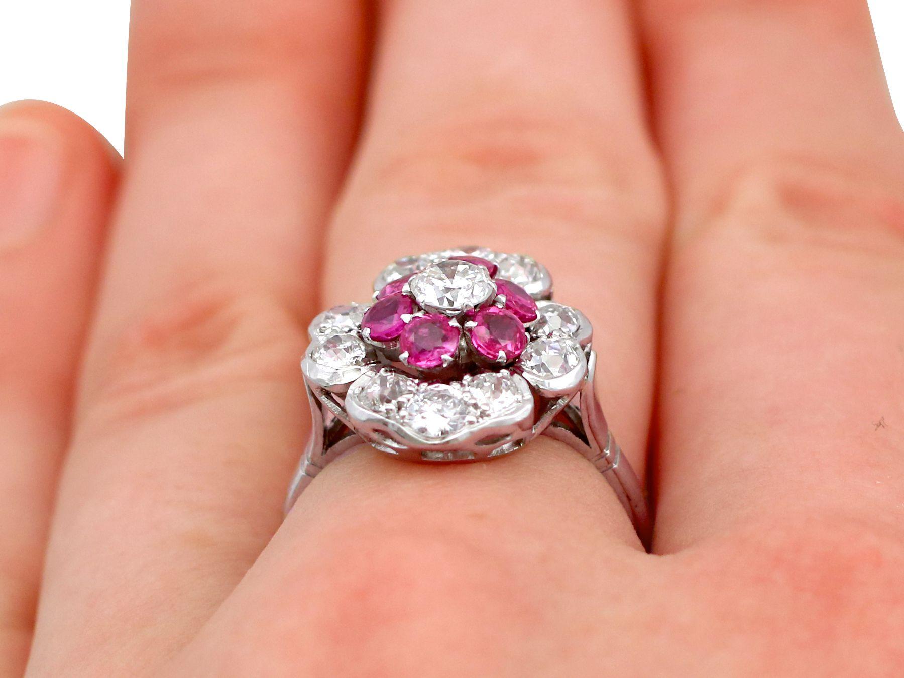Vintage 1940s Ruby and 1.63 Carat Diamond Platinum Cocktail Ring For Sale 2